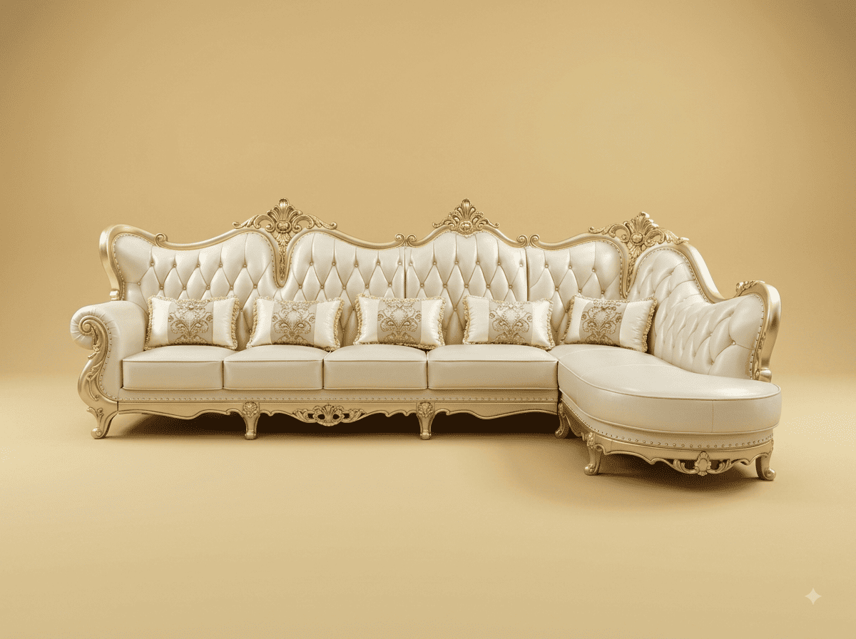 Royal Sofa Set in Carved Teak - Ivory with Rounded Chaise End