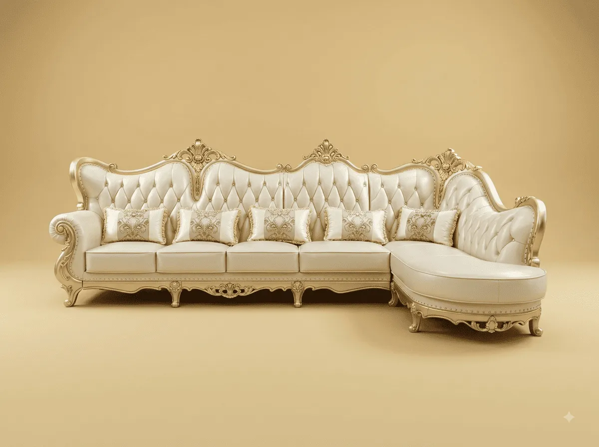 Royal Sofa Set in Carved Teak - Ivory with Rounded Chaise End