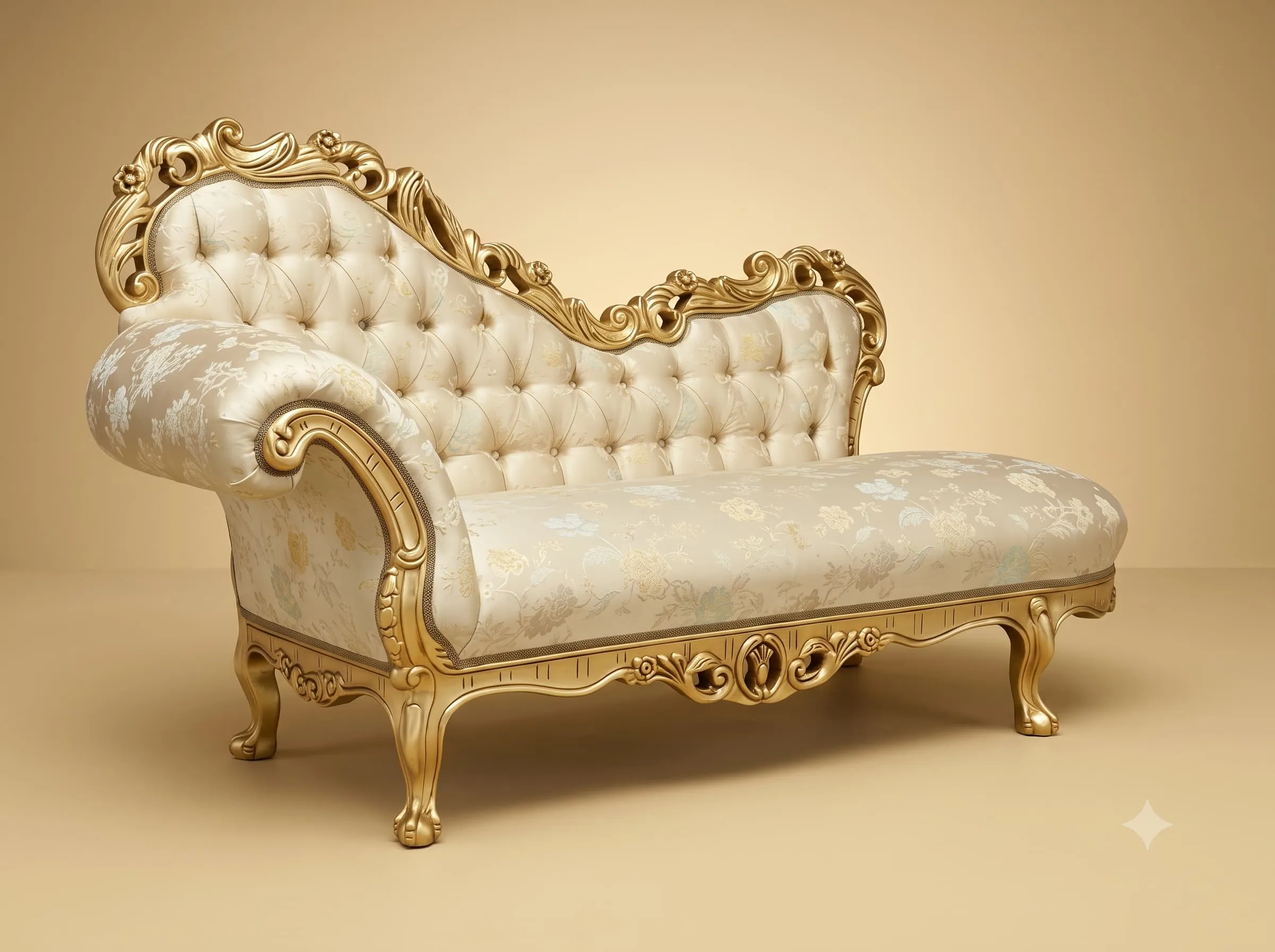 Gold Diwan in Carved Teak with a Deep Buttoned Ivory Back