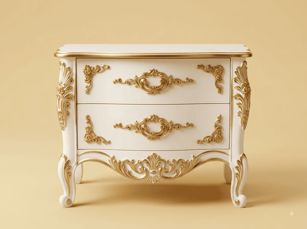 Luxury Side Table in Carved Teak - White with Gold Carved Mounts