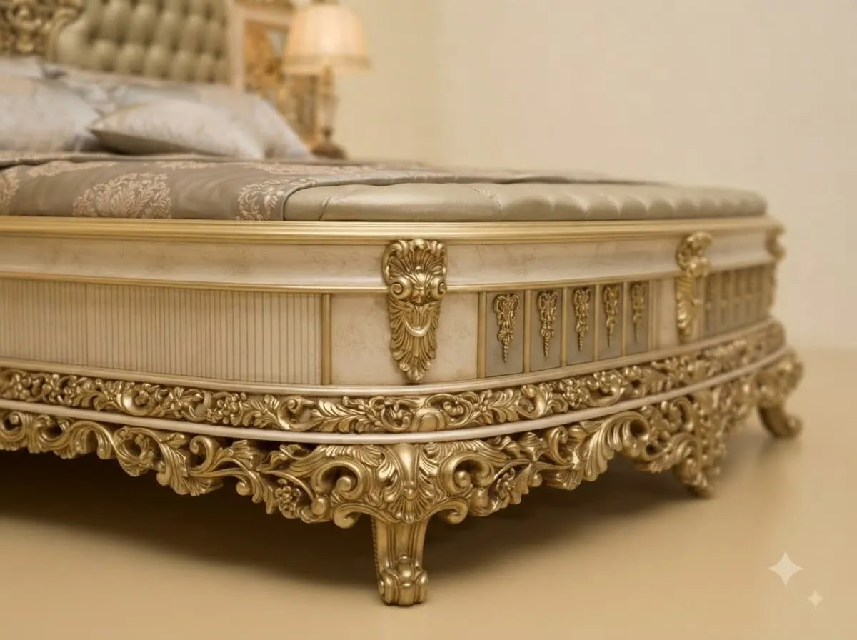 King Size Bed with Bow Footboard in Carved Teak - Gold and Champagne