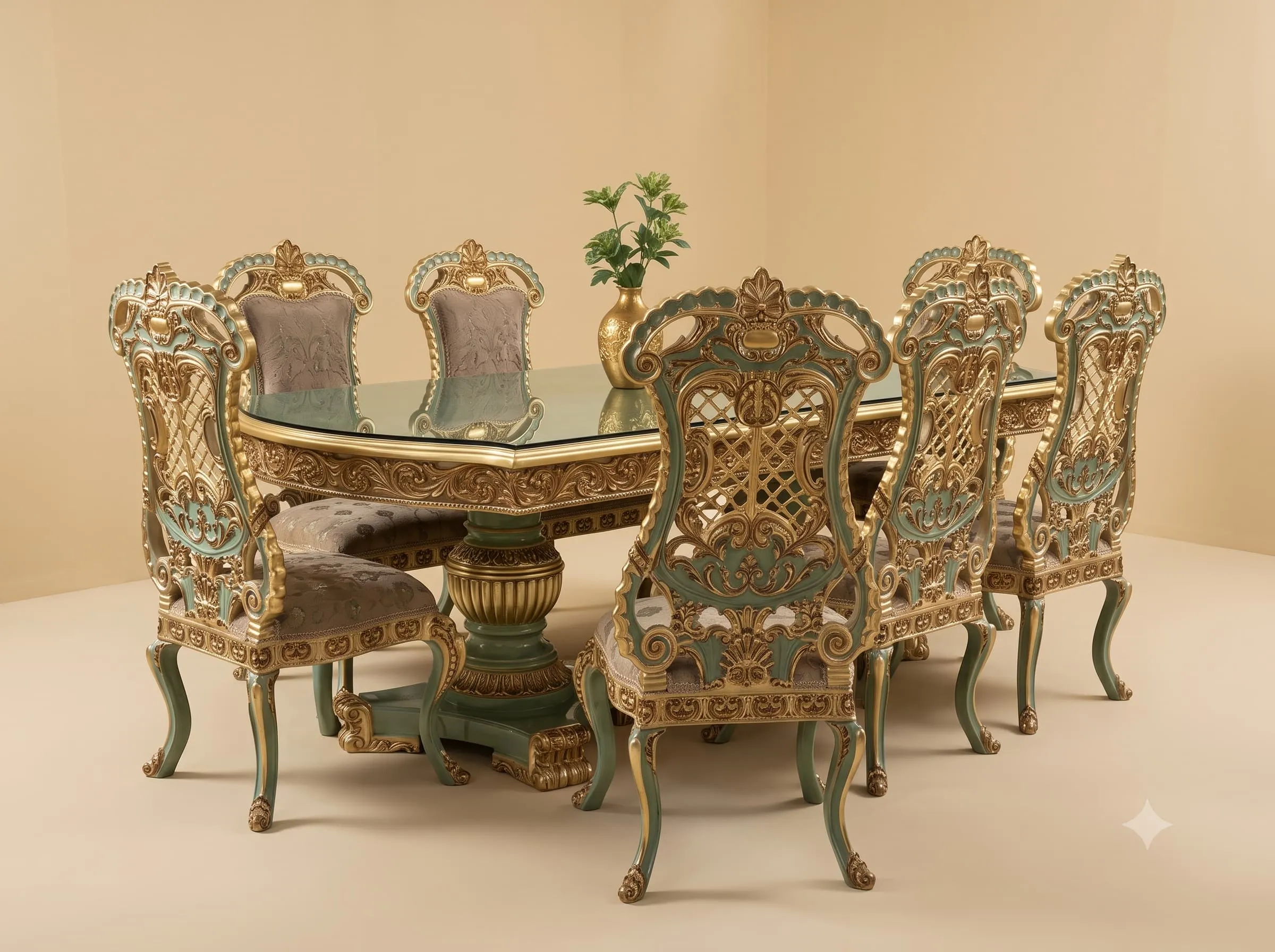 Carved Dining Table Set in Teak with Green and Gold Finish