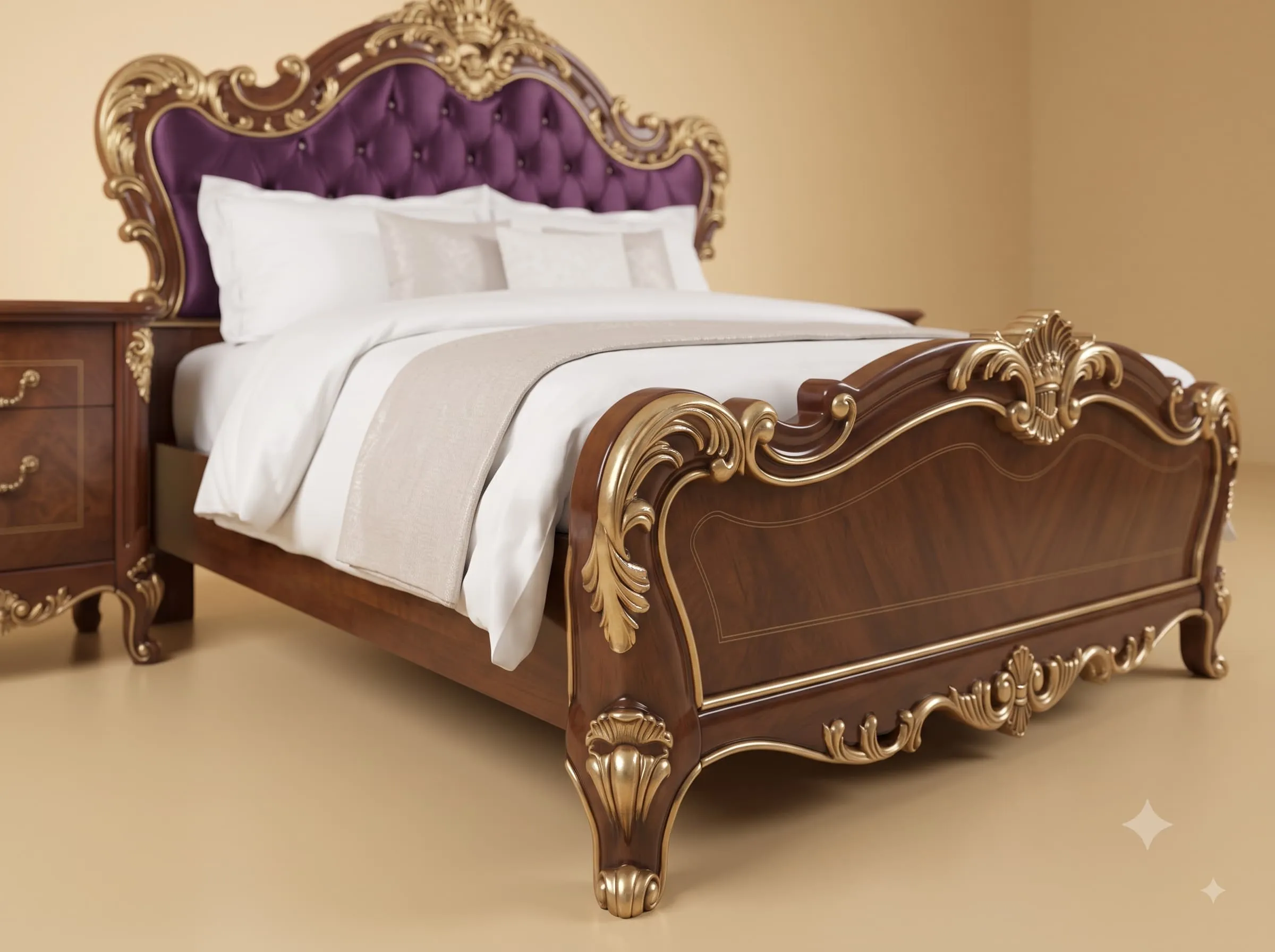 Queen Size Bed in Carved Teak - Purple Velvet Buttoned Headboard