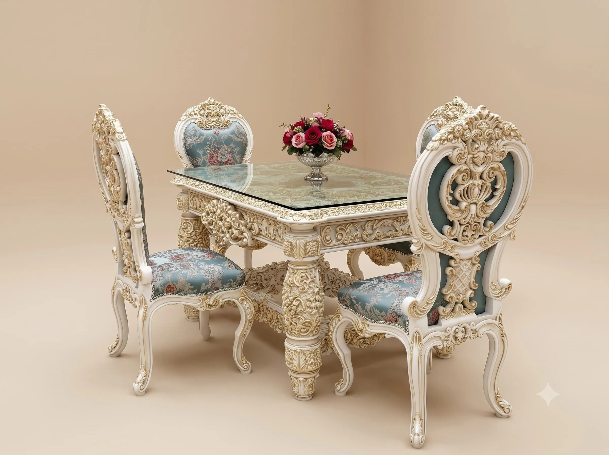 Square Dining Table Set in Carved Teak with Four Carved Chairs
