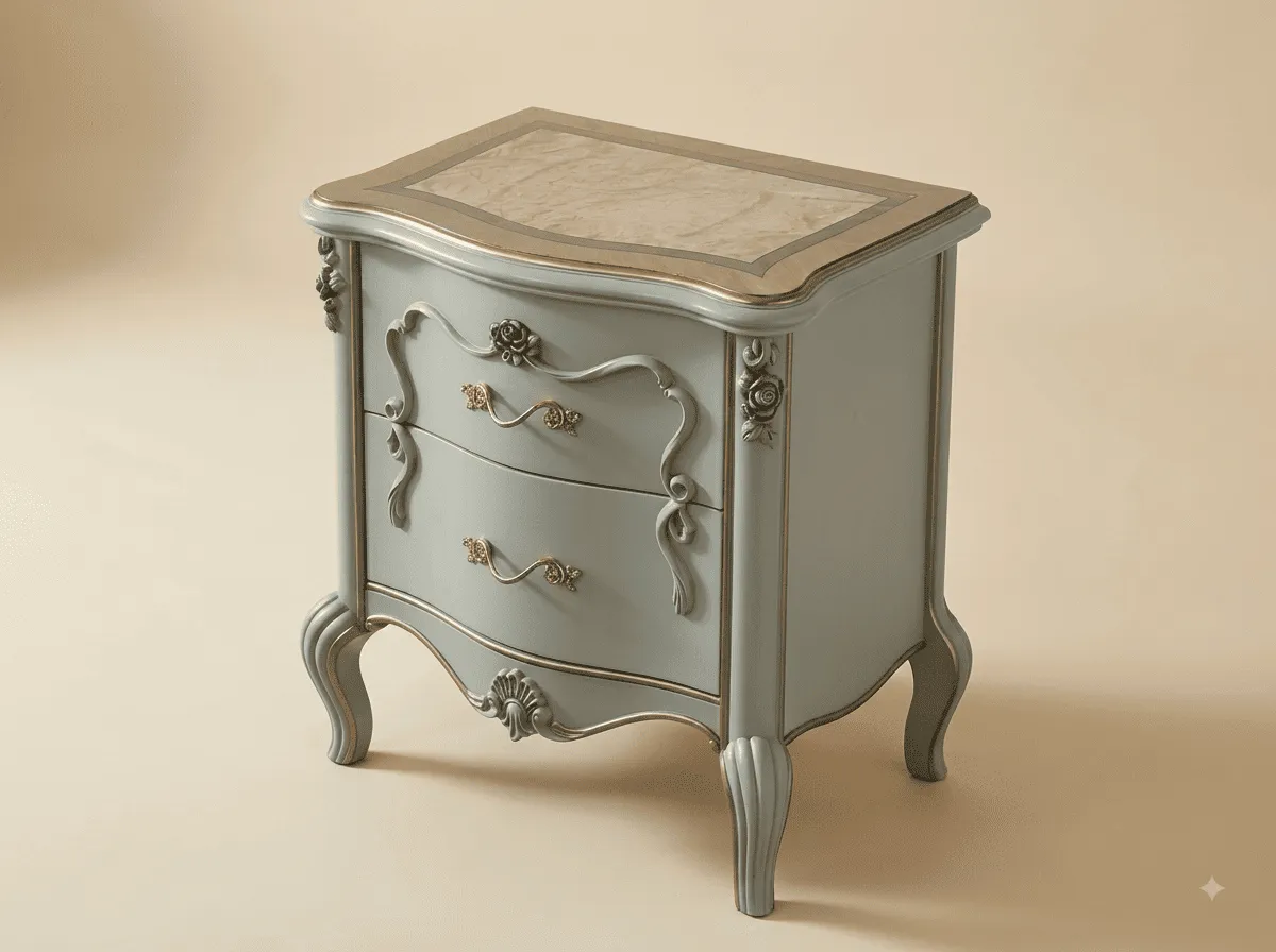 Side Table with Marble Inlay in Carved Teak - Grey Blue with Roses