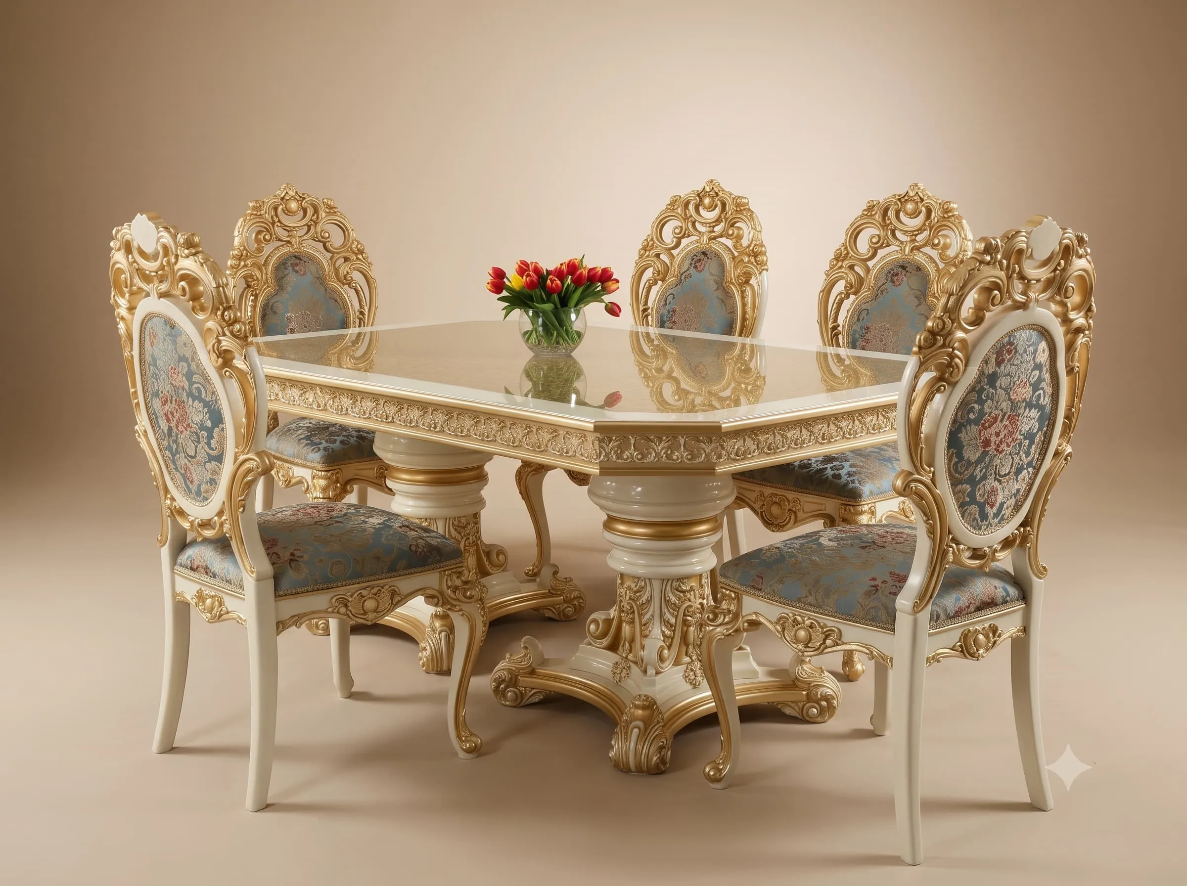 White Dining Table Set in Carved Teak with Gold Picked Carving