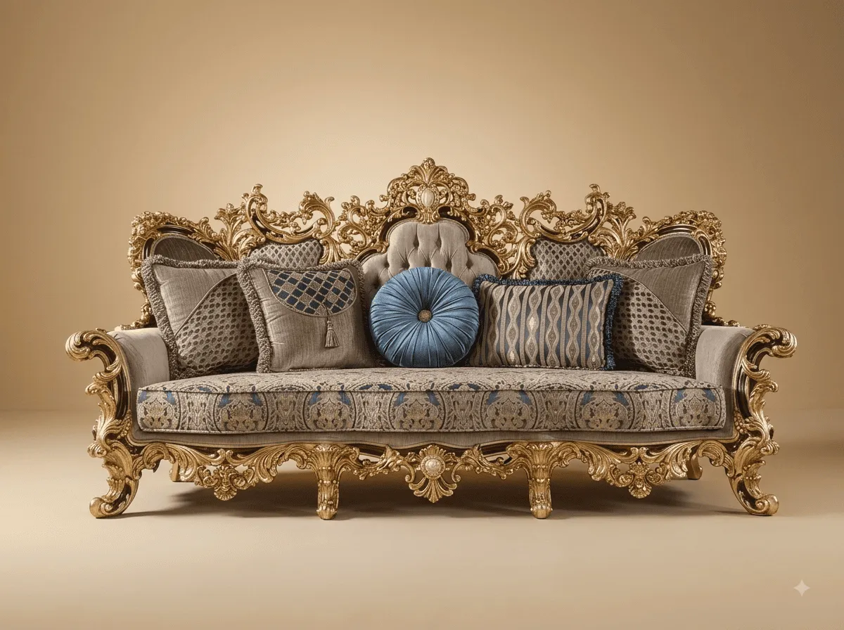 Royal Luxury Handcrafted Carved Teak Sofa Set | Gold Openwork Carved Frame