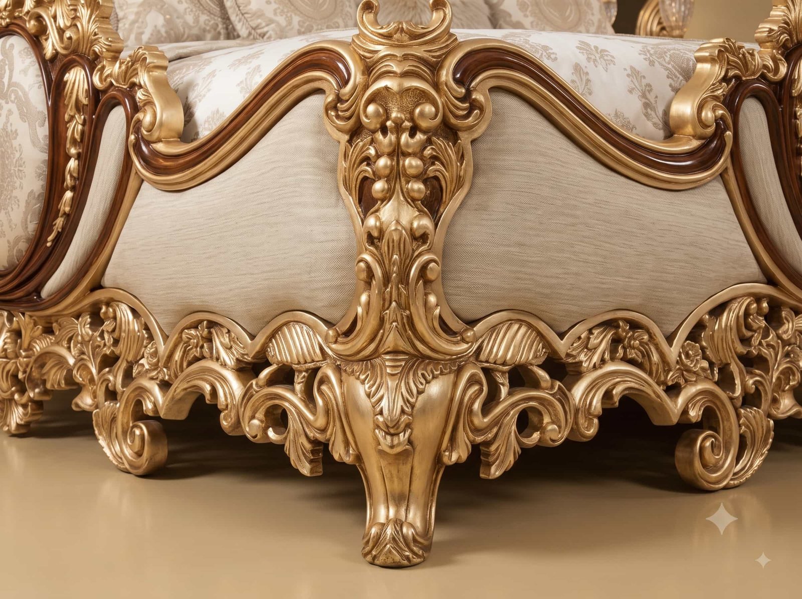 Wide Headboard Bed in Carved Teak - Gold and Rosewood Bedroom Set - Image 3
