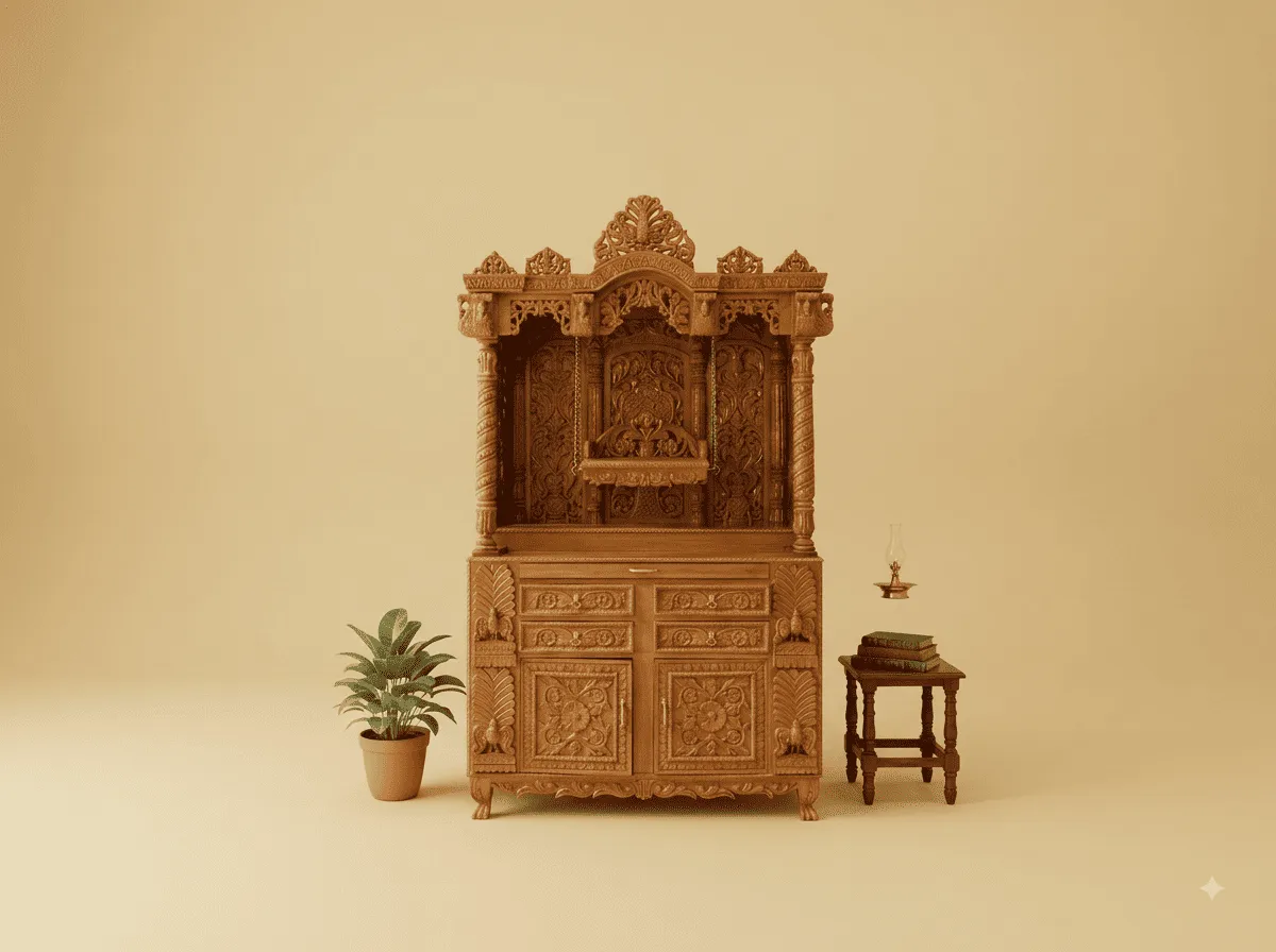 Mandir with Carved Singhasan in Teak - Deep Storage Base and Jaali Sides