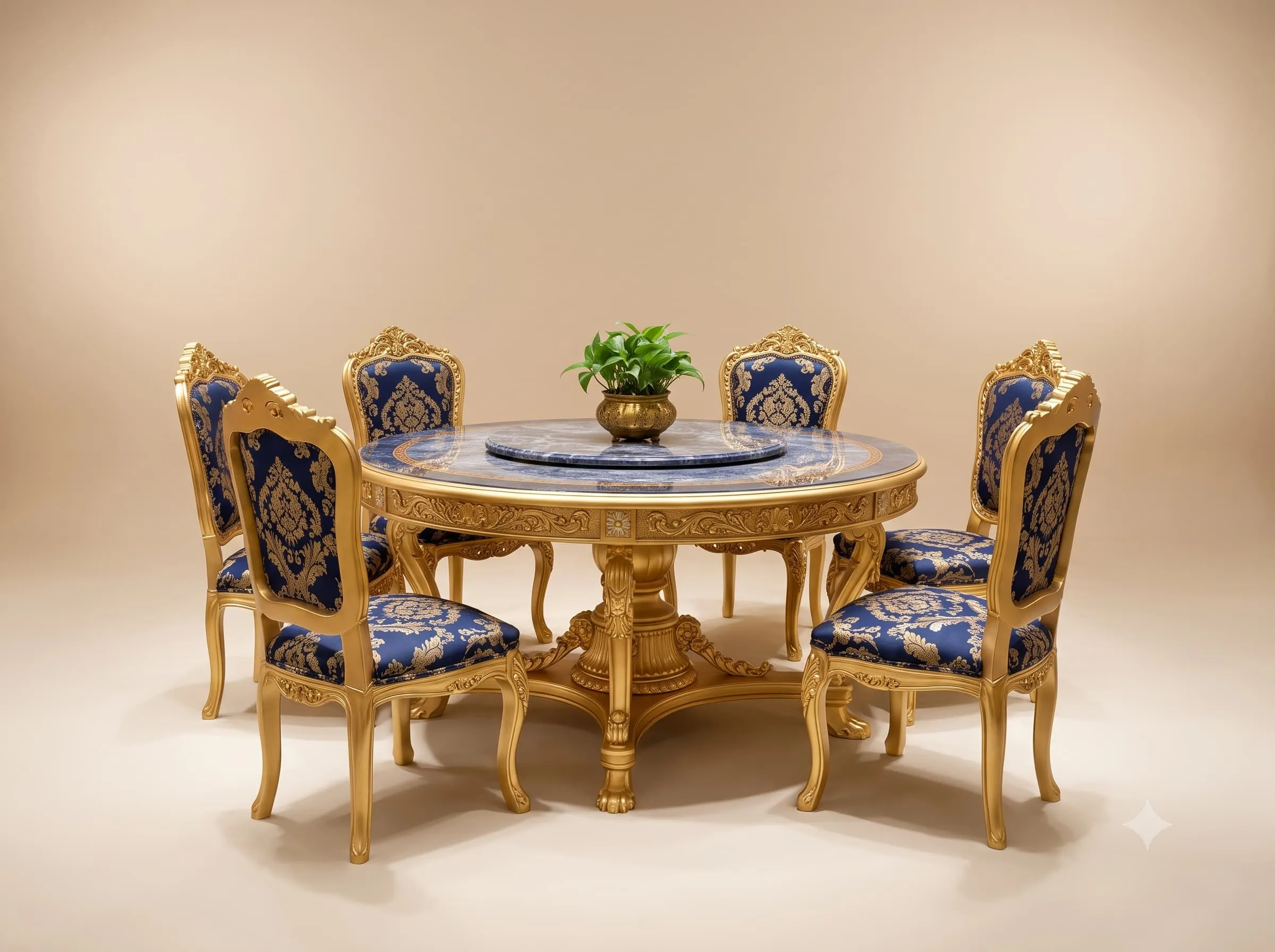 Round Dining Table Set in Carved Teak with Revolving Centre
