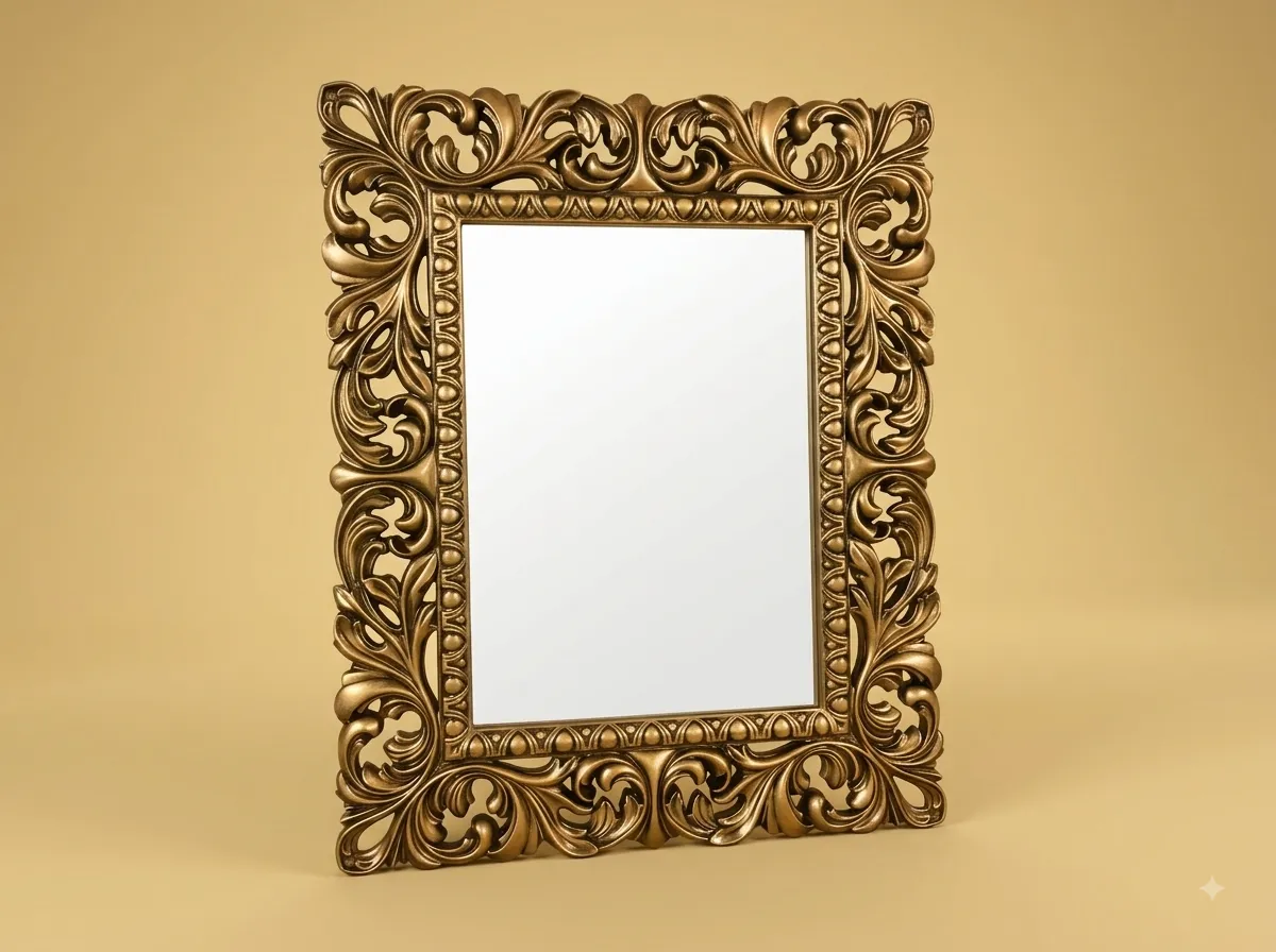 Console Mirror in Gilded Teak with a Pierced Leaf Frame and Beaded Slip