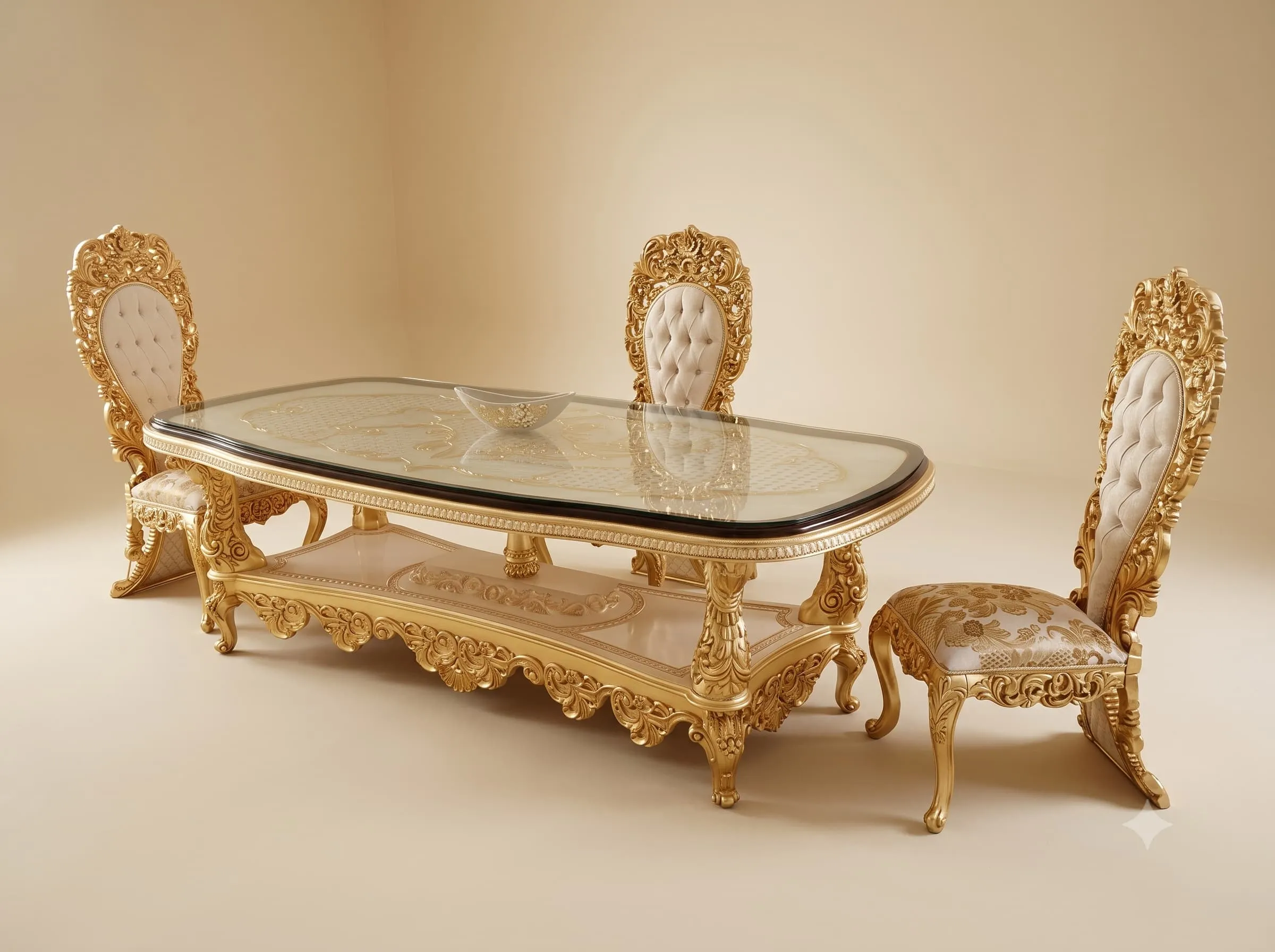 Gilded Dining Table Set in Carved Teak with Under Tier Shelf