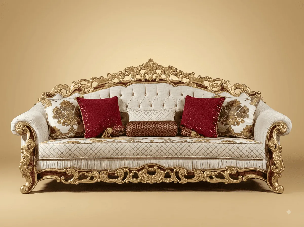 Ivory and Gold Sofa in Carved Teak - 3 Seater with Burgundy Accents