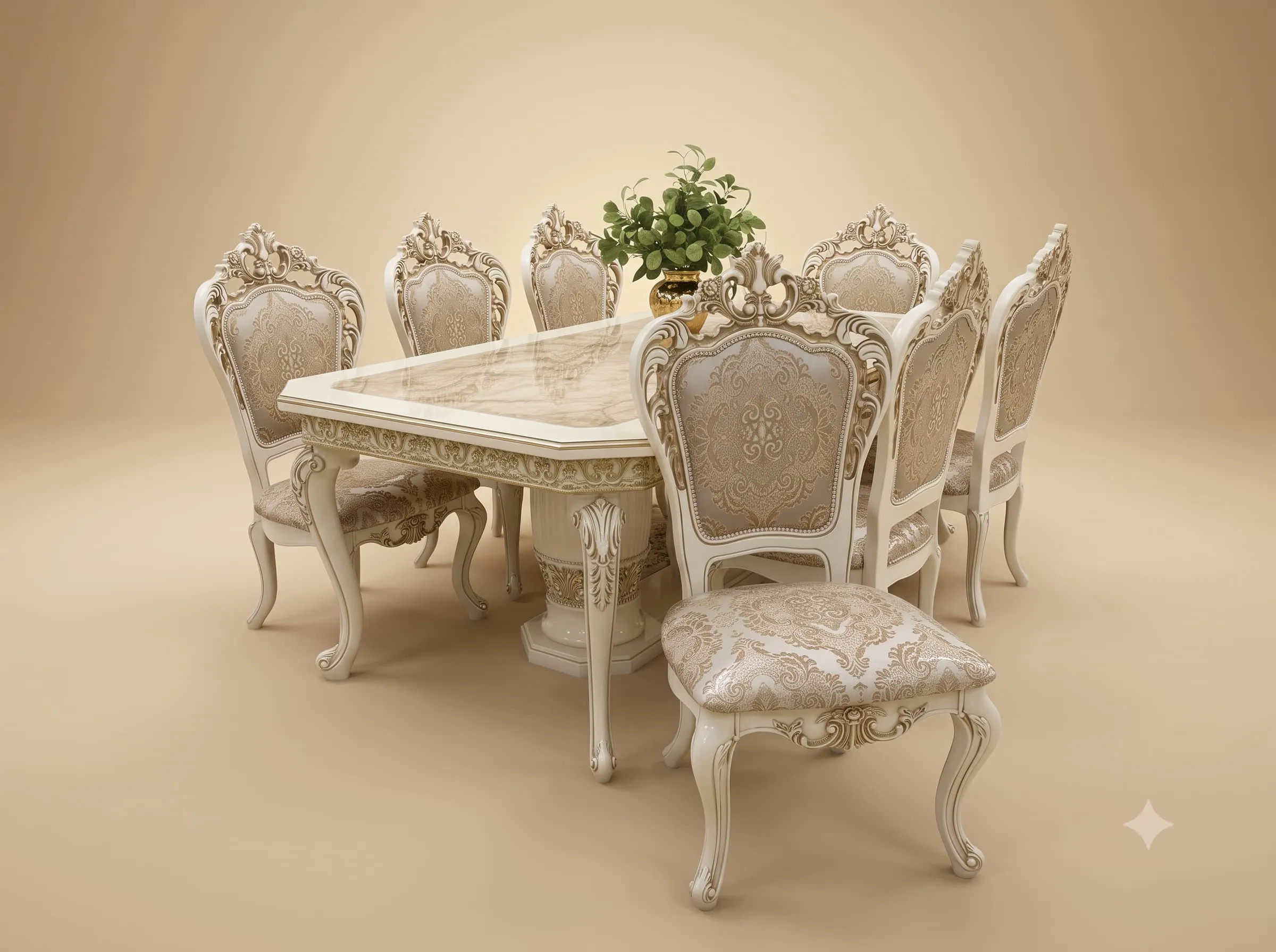 Marble Dining Table Set in Carved Teak with Ivory Carved Chairs