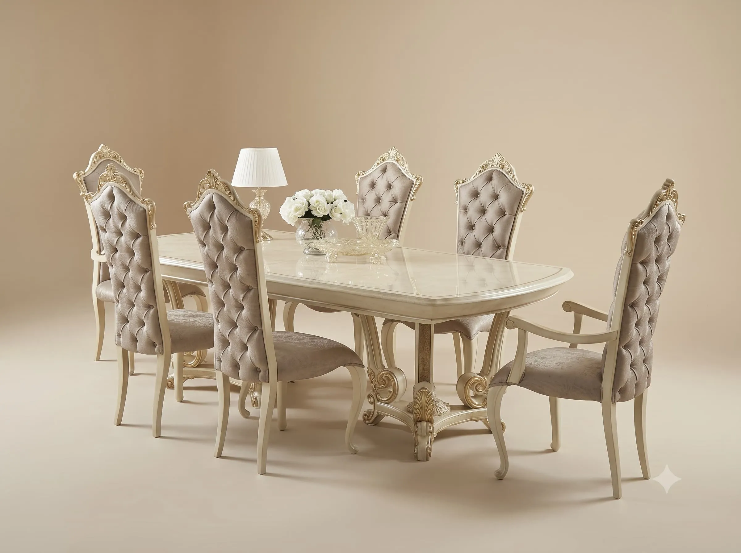 Dining Table with 6 Chairs in Carved Teak and Buttoned Backs
