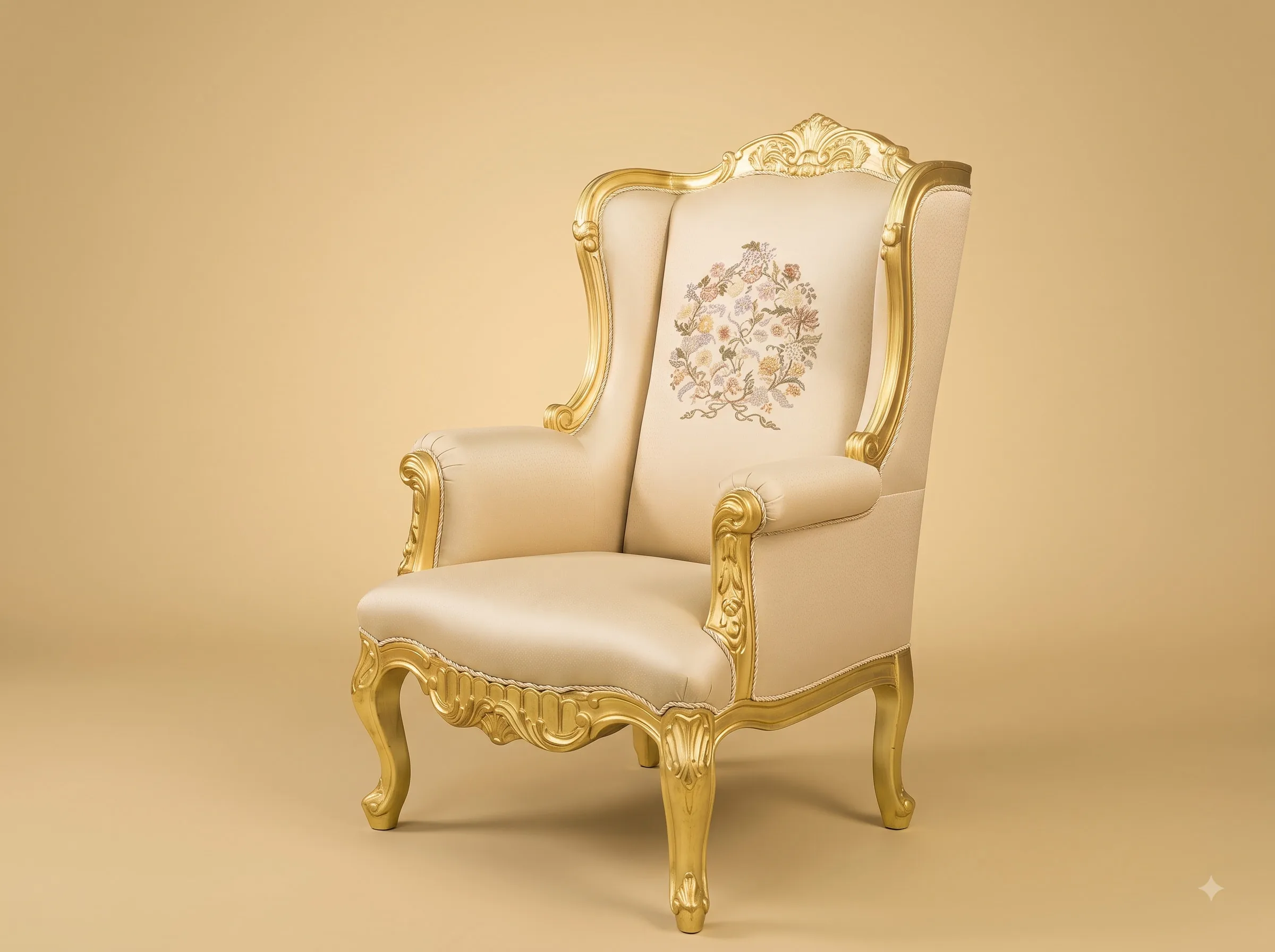 Wing Chair in Carved Teak - Gold Gilt with Embroidered Back Panel