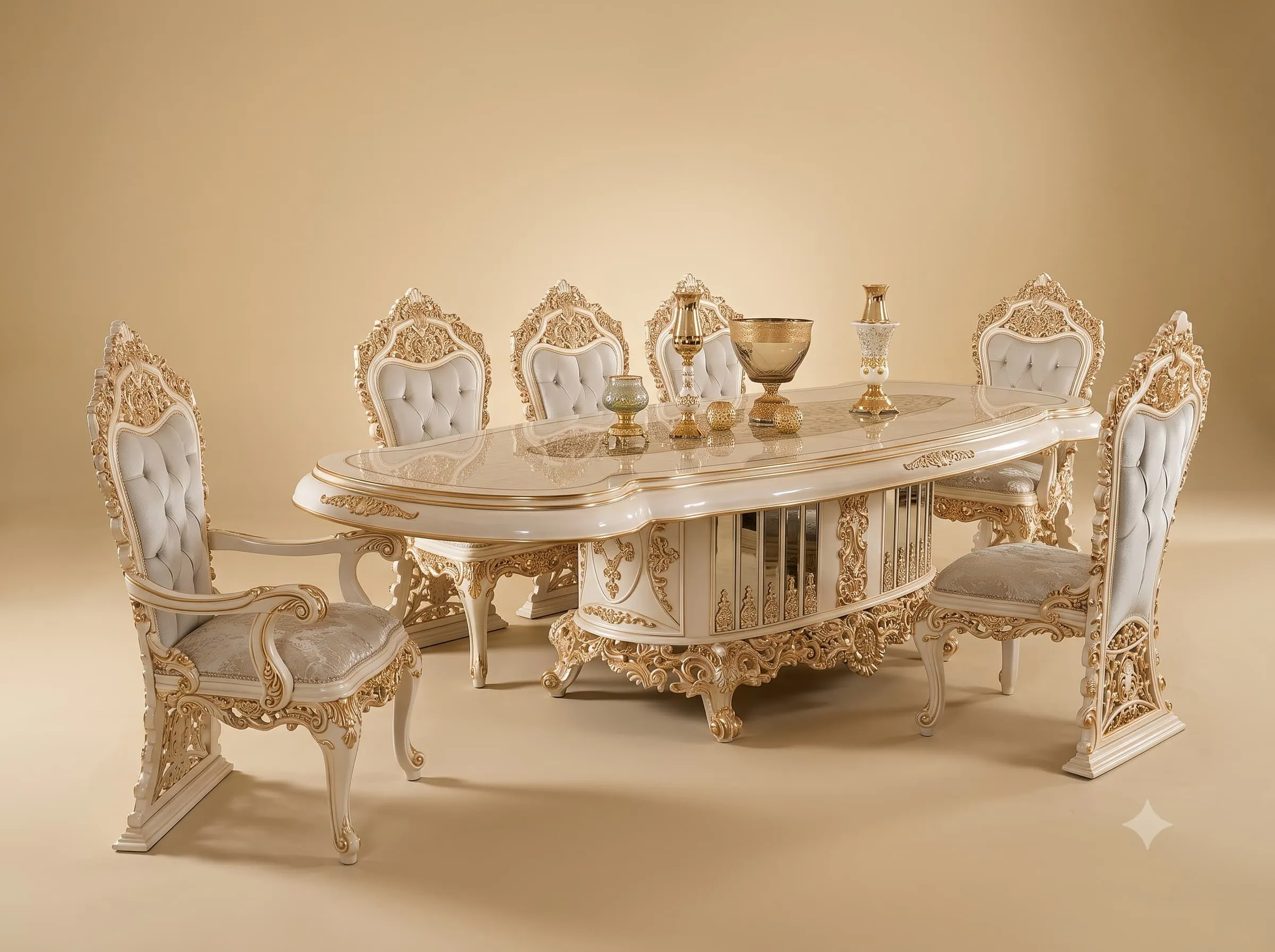 European Dining Table Set in Carved Teak with Tall Back Chairs