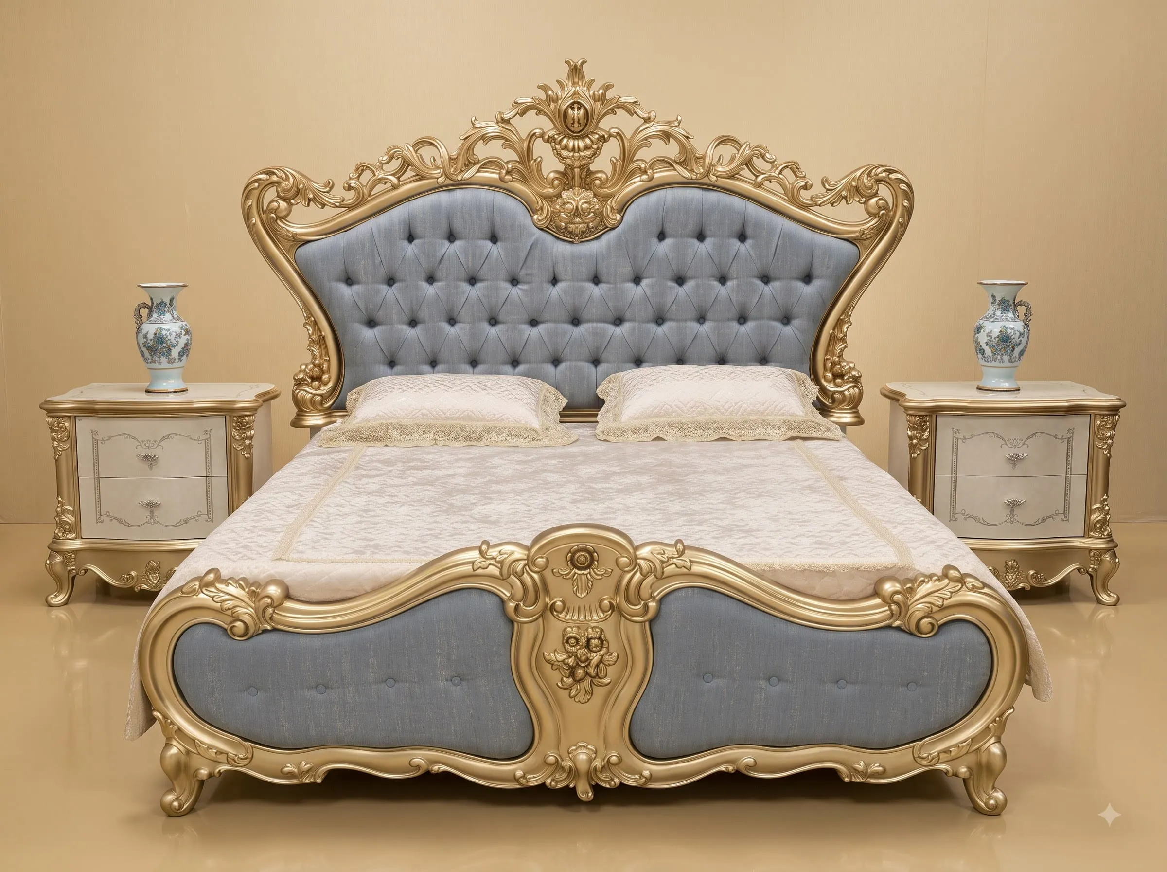 Upholstered Bed Design in Carved Teak - Grey Blue with Champagne Gold