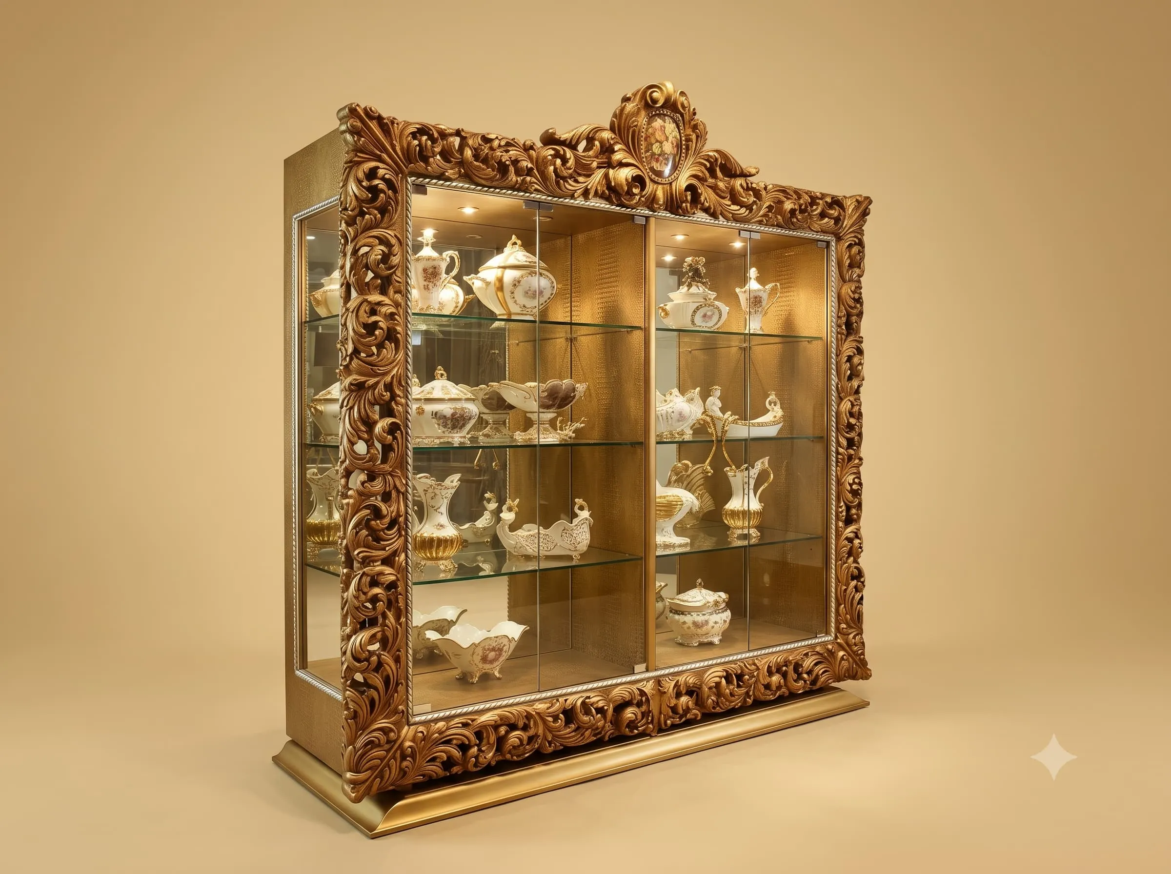 Lighted Display Cabinet in Gold with Deep Carved Acanthus Frame