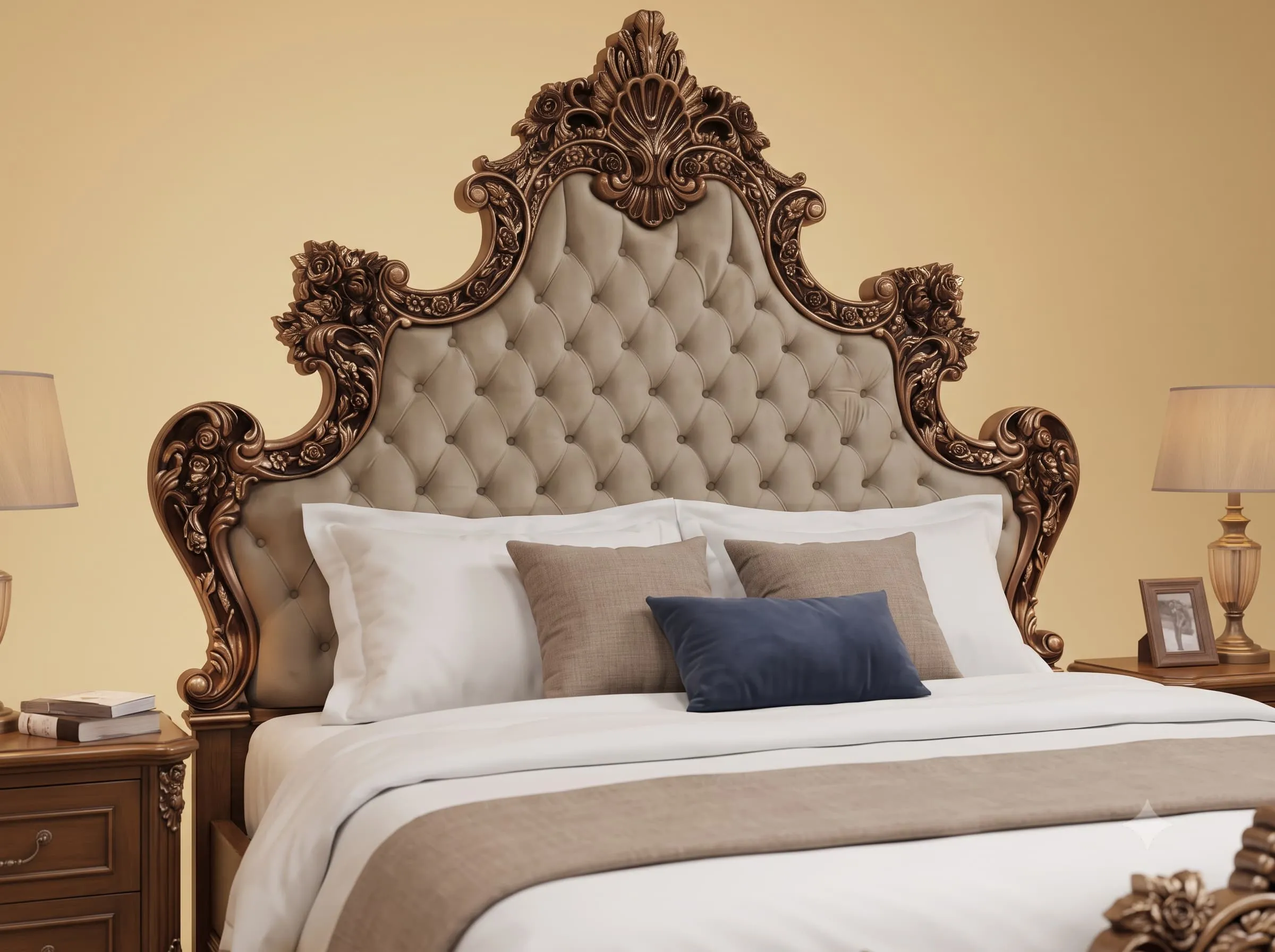 Tufted Bed in Carved Teak - Beige Upholstery with Copper Carving
