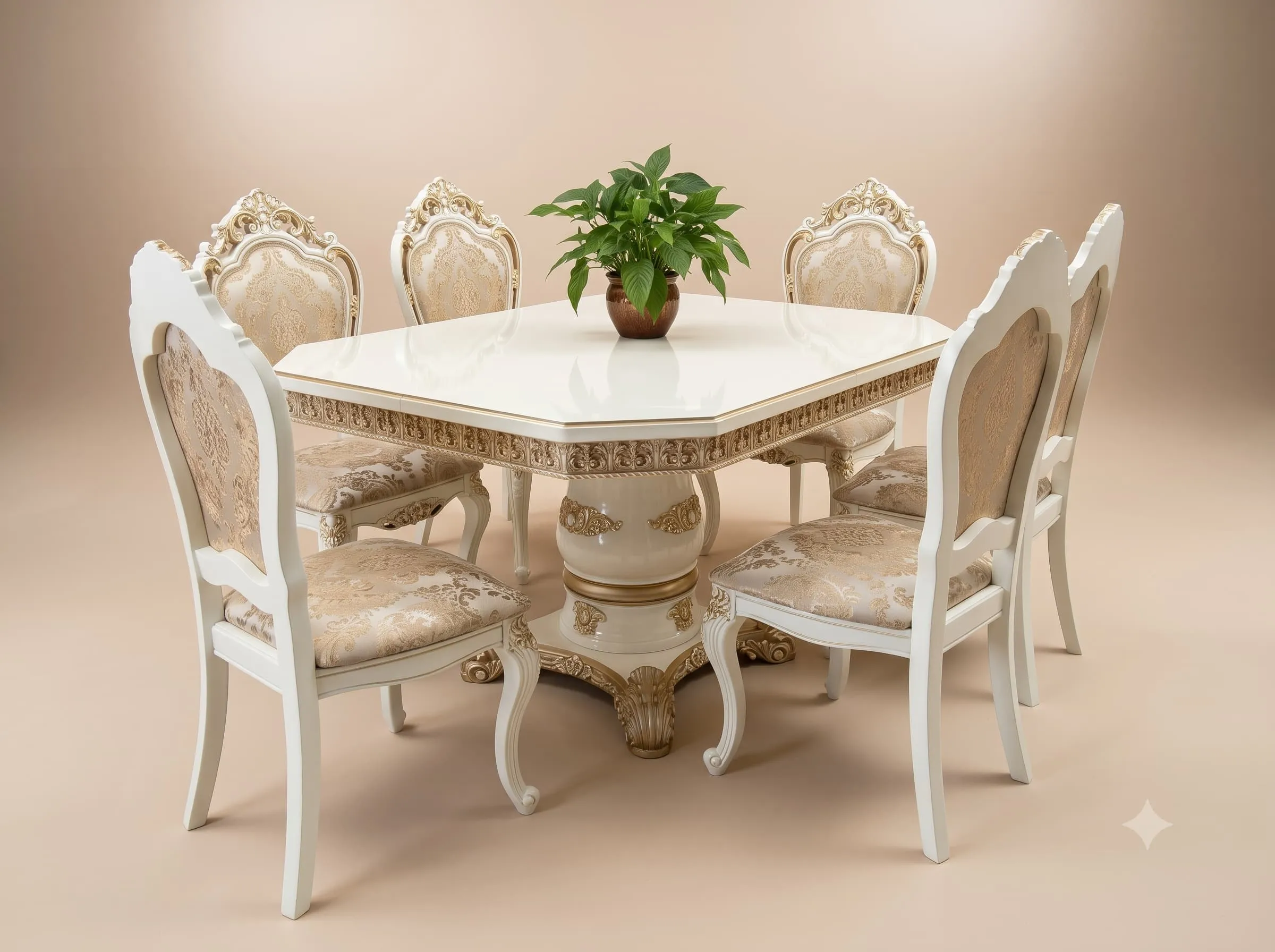6 Seater Dining Table Set in Carved Teak with Pedestal Base