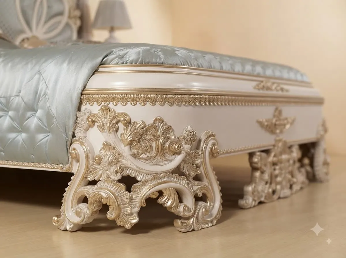 Canopy Bed with Curtains in Carved Teak - Ivory and Gold Corona