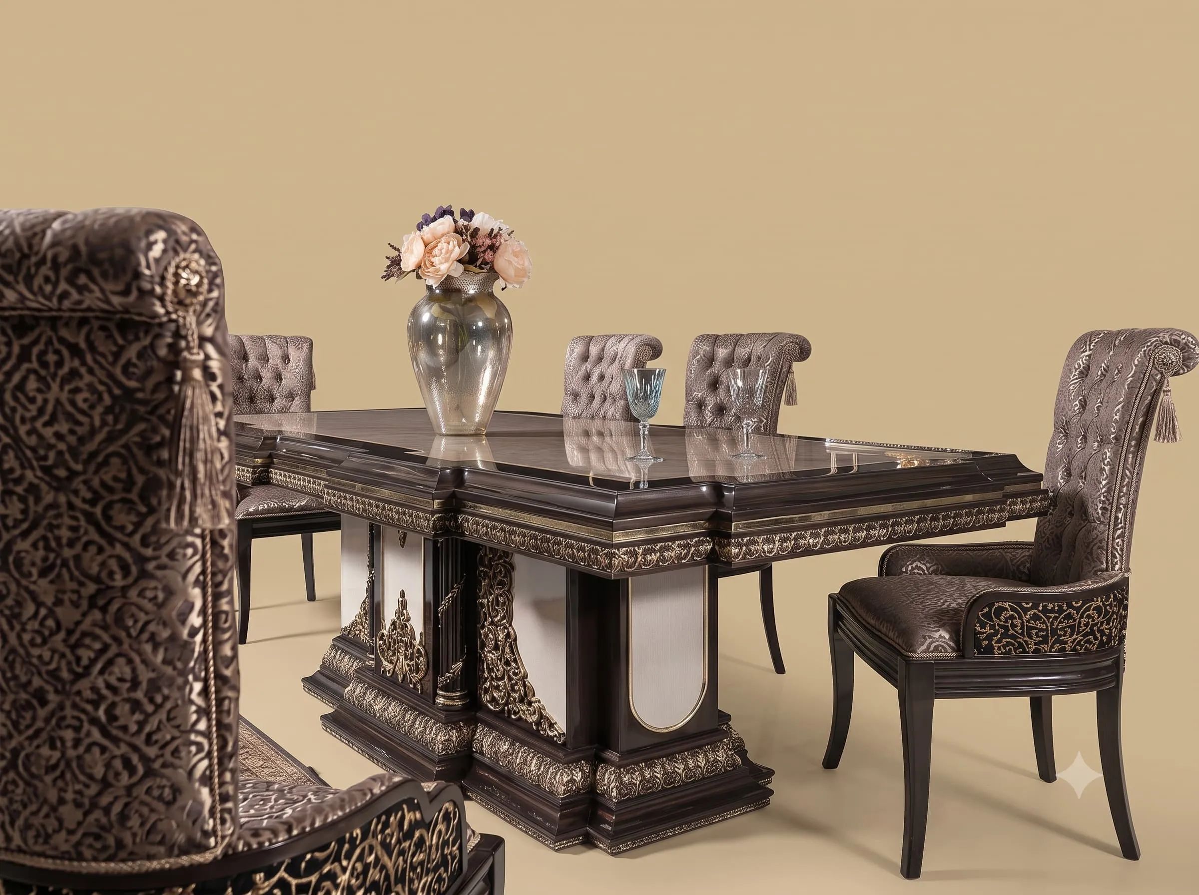 Black Dining Table Set in Carved Teak with Silver Detailing