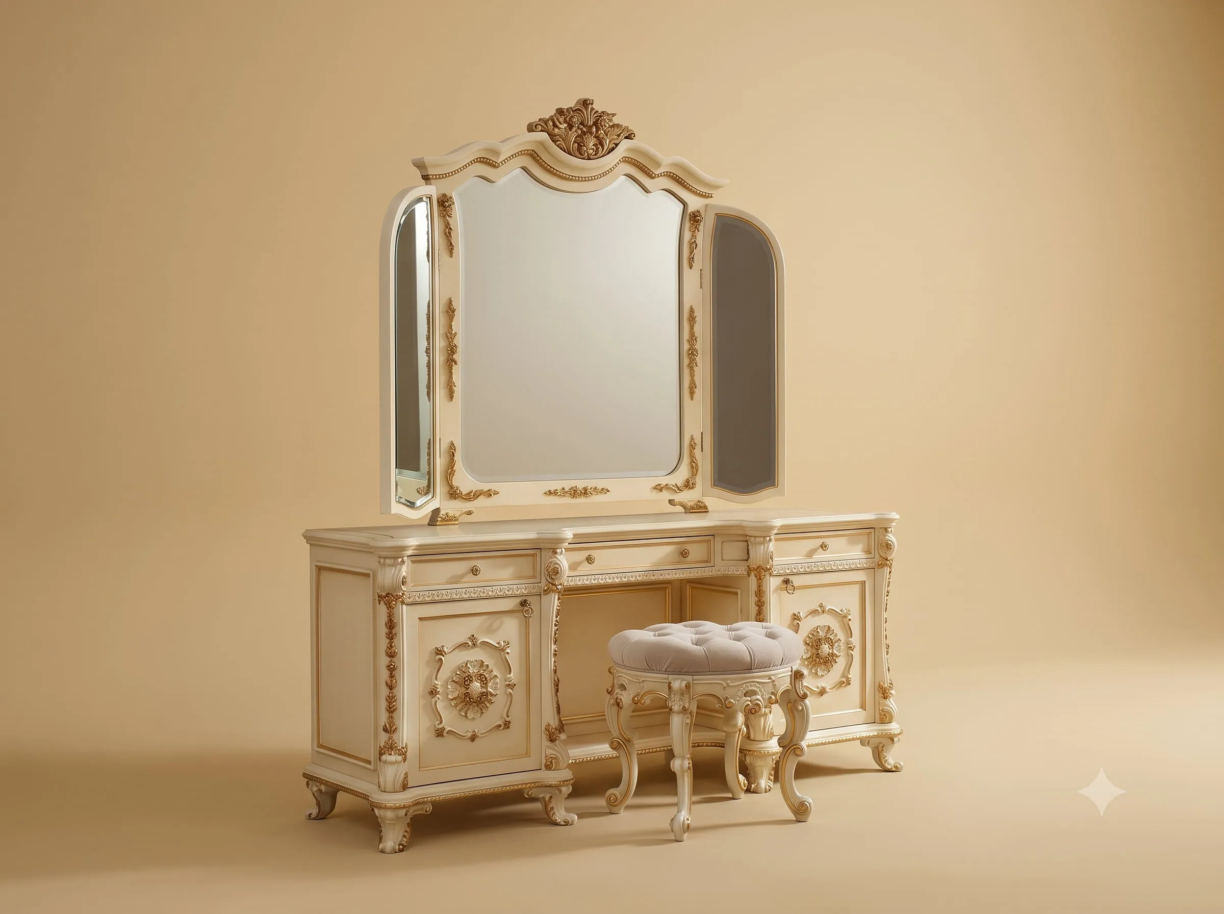 Dressing Table with Mirror in Carved Teak - Ivory with Stool
