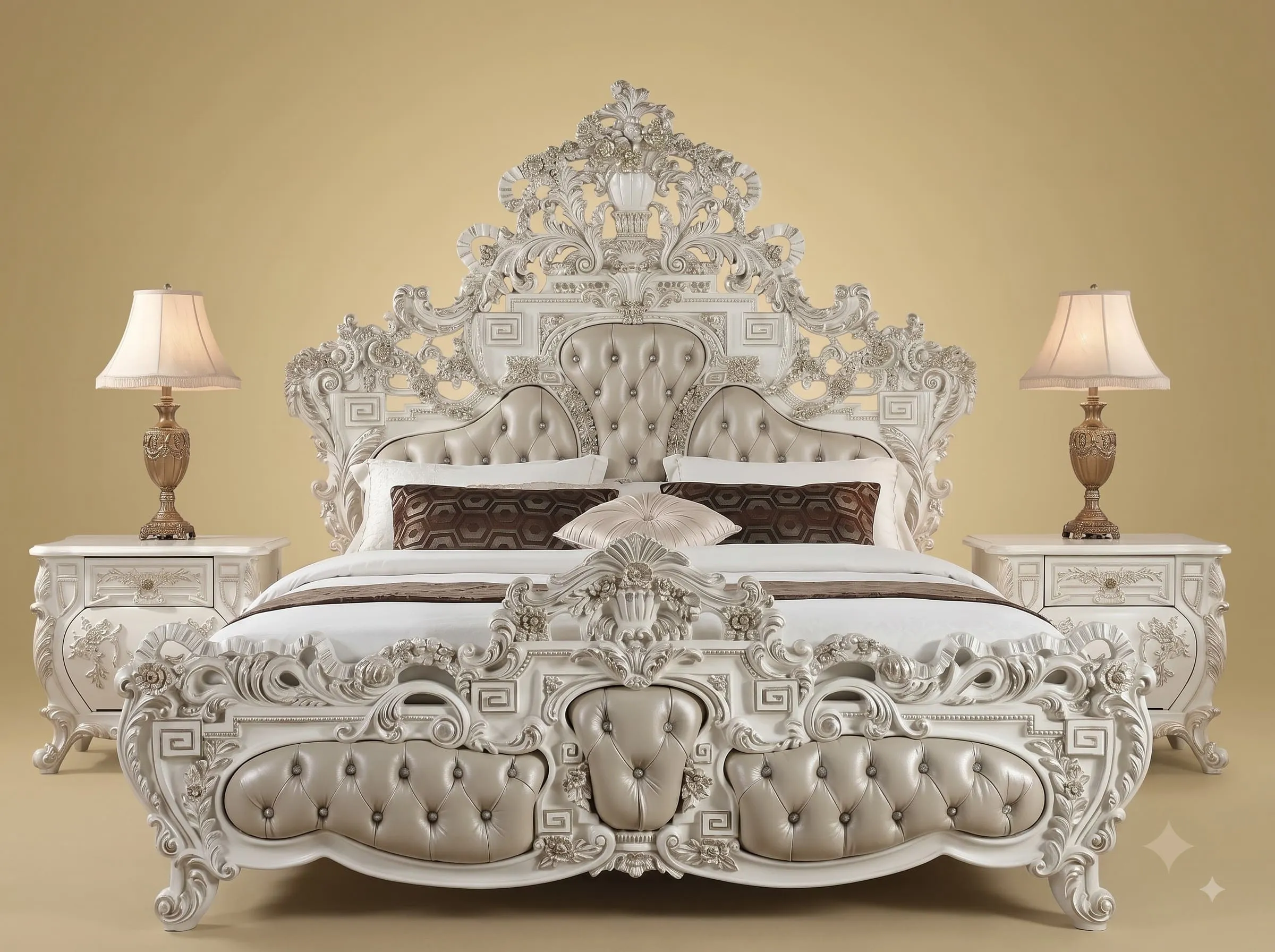 White King Size Bed with Tufted Footboard - Carved Teak Greek Key Design