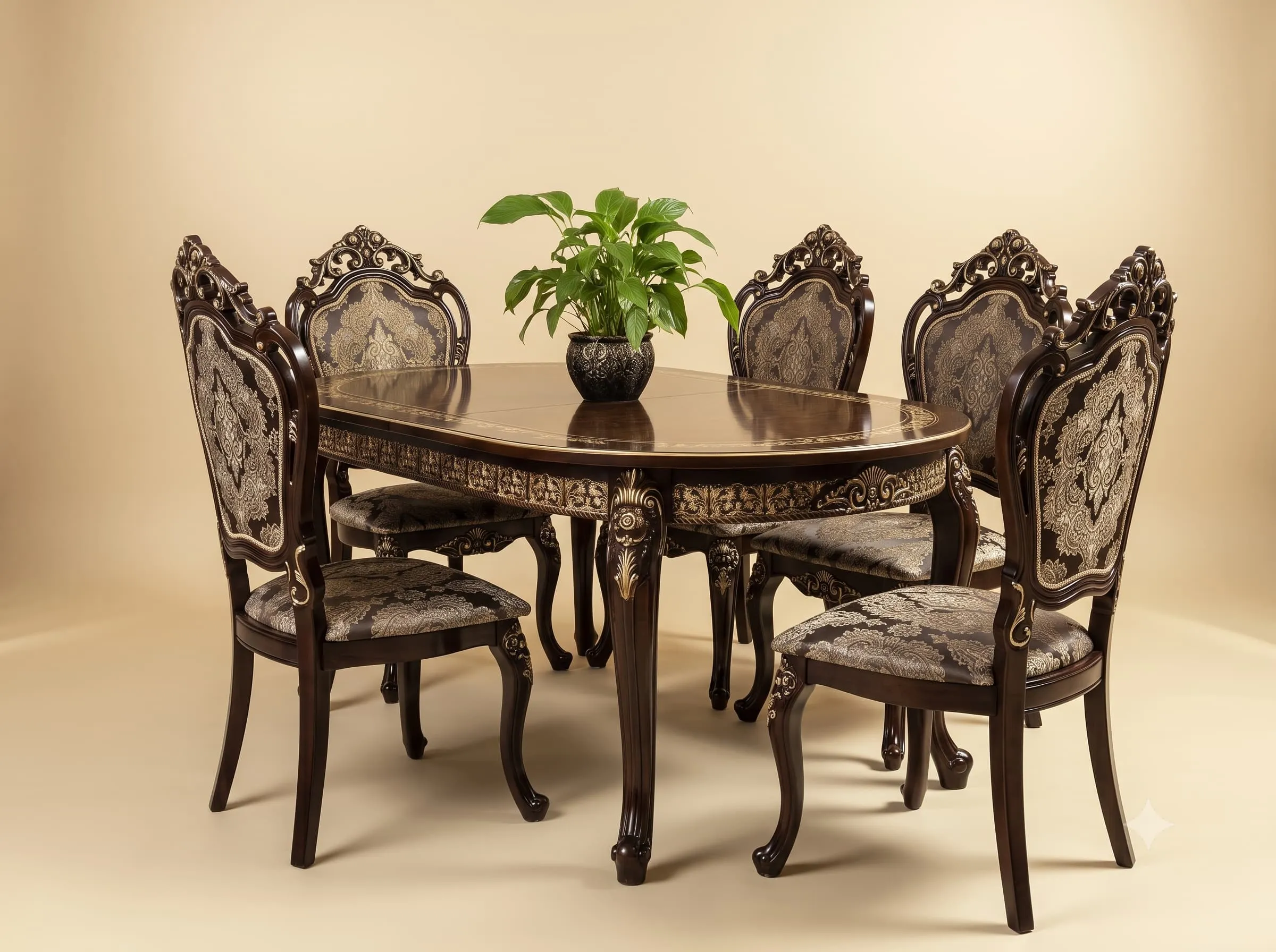 Dining Room Table Set in Solid Teak with Silver Carved Detail