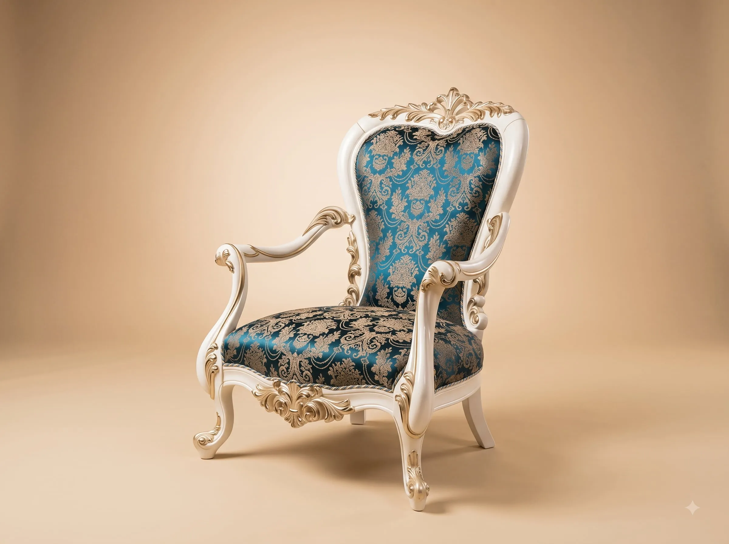 Antique Style Chair in Carved Teak - White Frame with Blue Brocade
