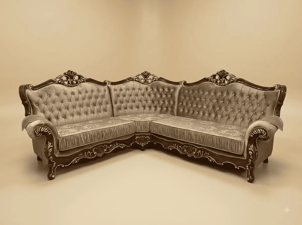 Sofa Set for Hall in Carved Teak - High Buttoned Back in Taupe