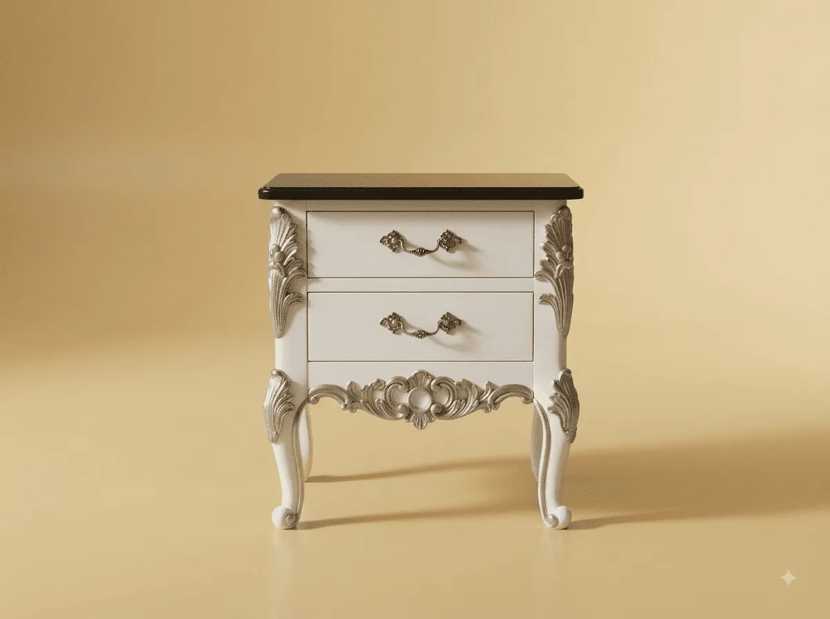 Bedside Table in Carved Teak - White with Dark Top and Two Drawers