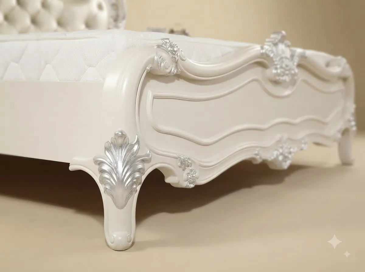 White and Silver King Size Bed - Carved Teak with Silver Leaf Detail