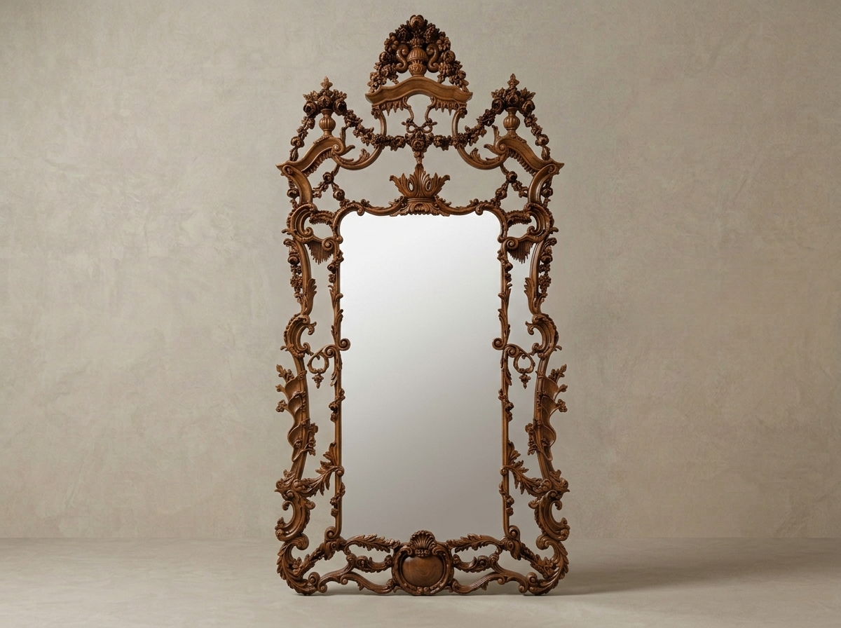 Dark Polish Handcrafted Solid Teak Wood Mirror Frame | Traditional Dual-Polish Hand-Carved Wall Mirror - Image 1