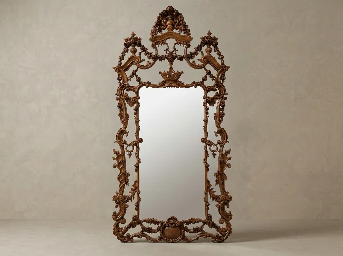 Dark Polish Handcrafted Solid Teak Wood Mirror Frame | Traditional Dual-Polish Hand-Carved Wall Mirror