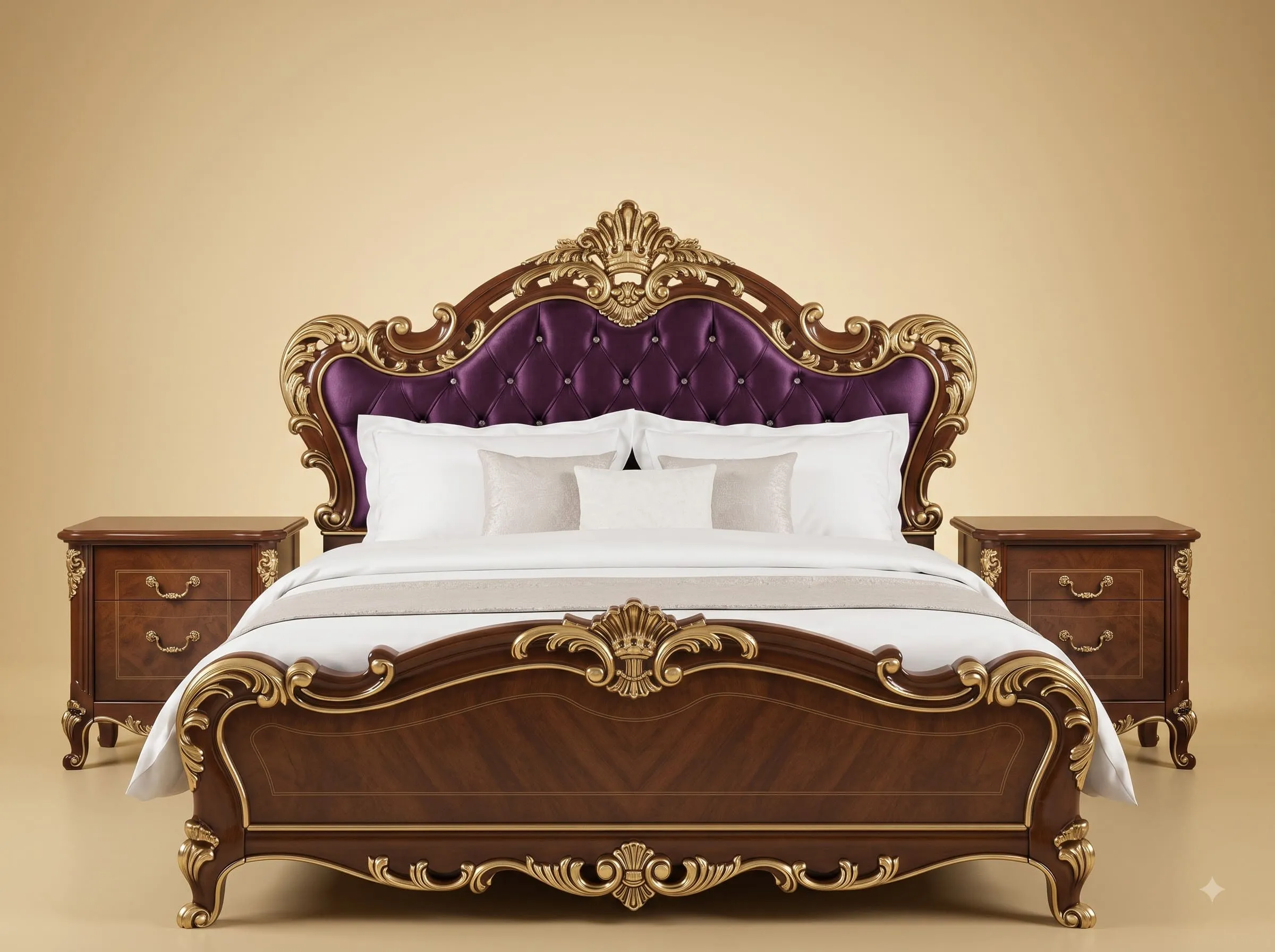 Queen Size Bed in Carved Teak - Purple Velvet Buttoned Headboard