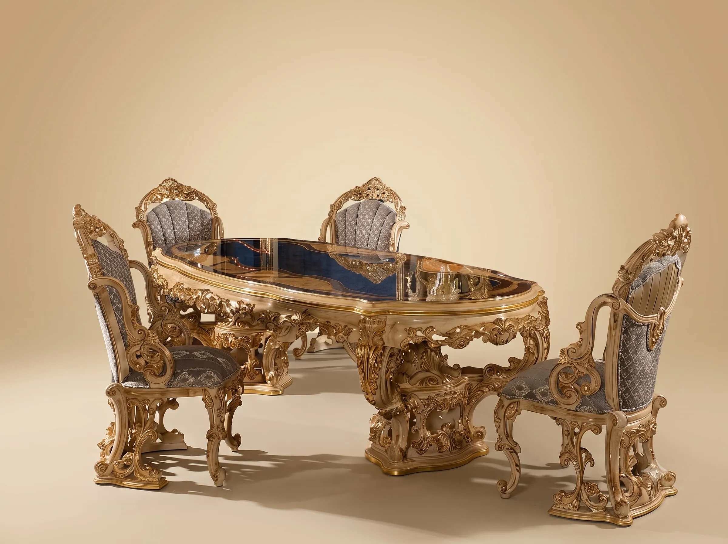 4 Chair Dining Table Set in Carved Teak with Blue Inset Top