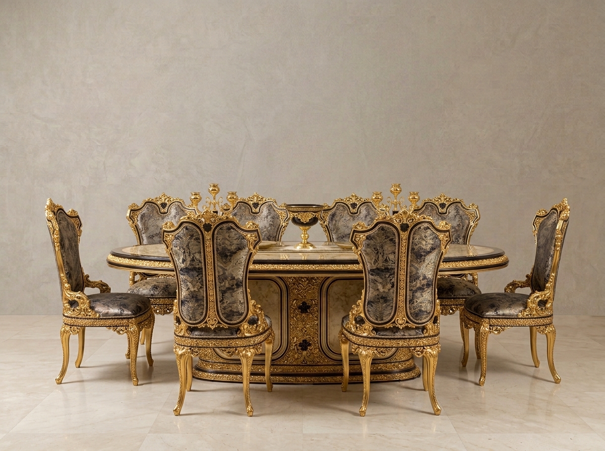 Silver grey and gold hand-carved teak wood royal dining table set with cream marble top and six grey velvet high-back chairs - Image 1