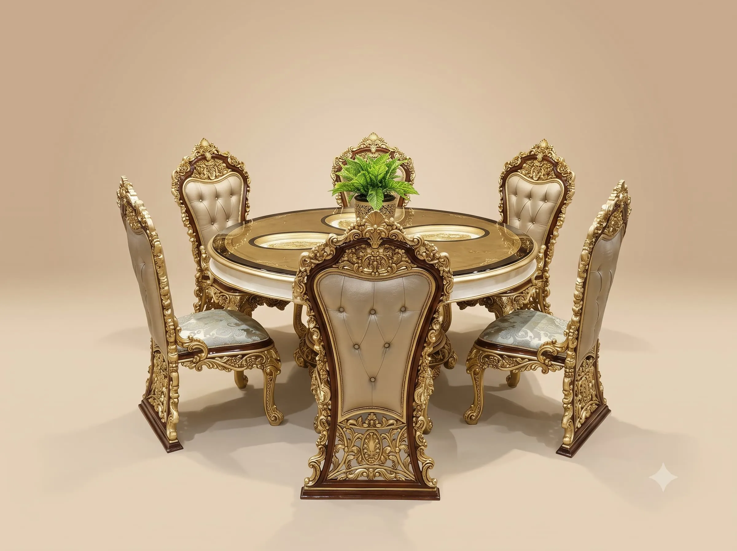 Teak Wood Dining Table Set with Carved Chairs on Plinth Feet