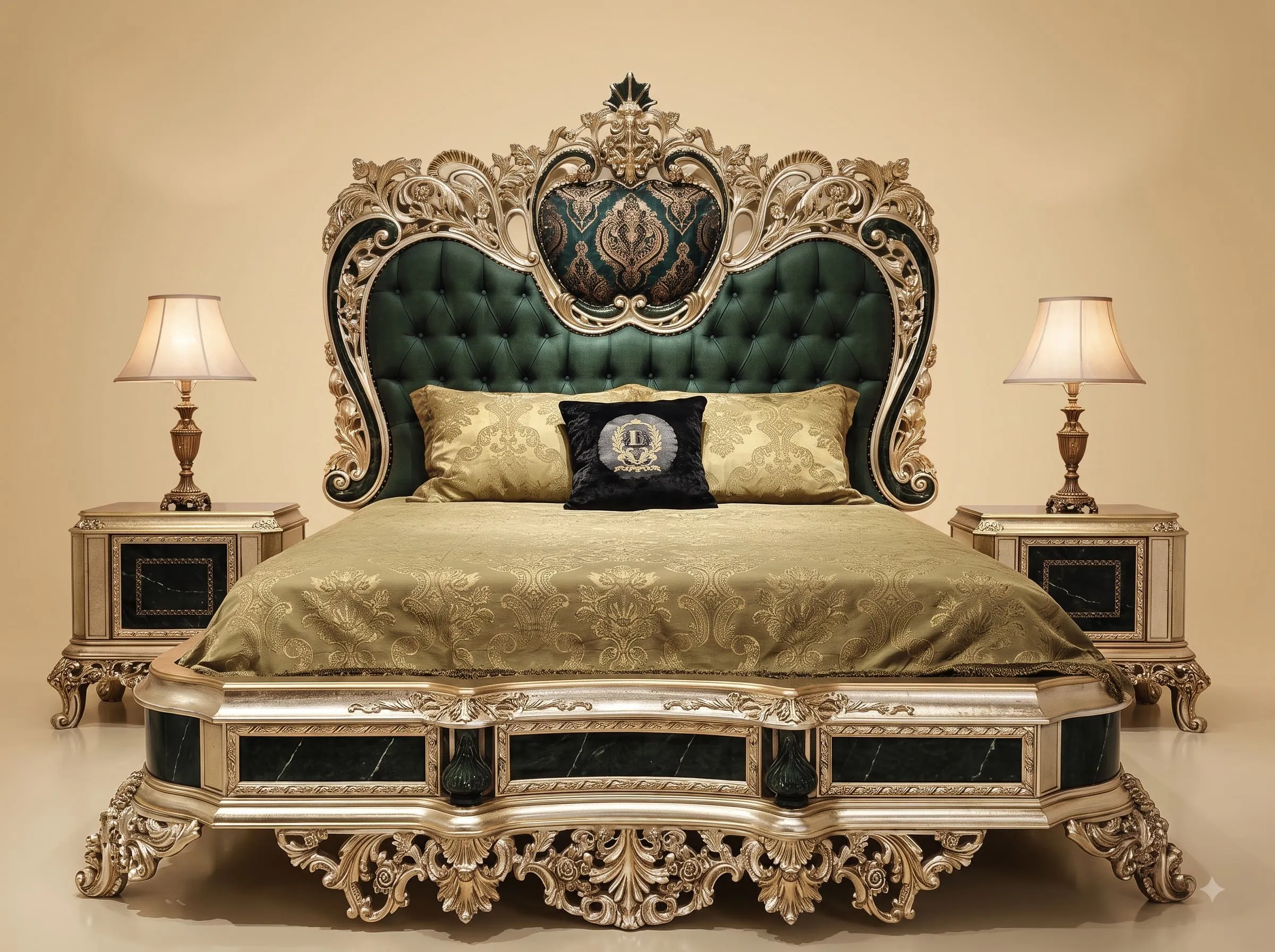 Emerald Green Bed in Carved Teak - Silver Frame with Tufted Headboard