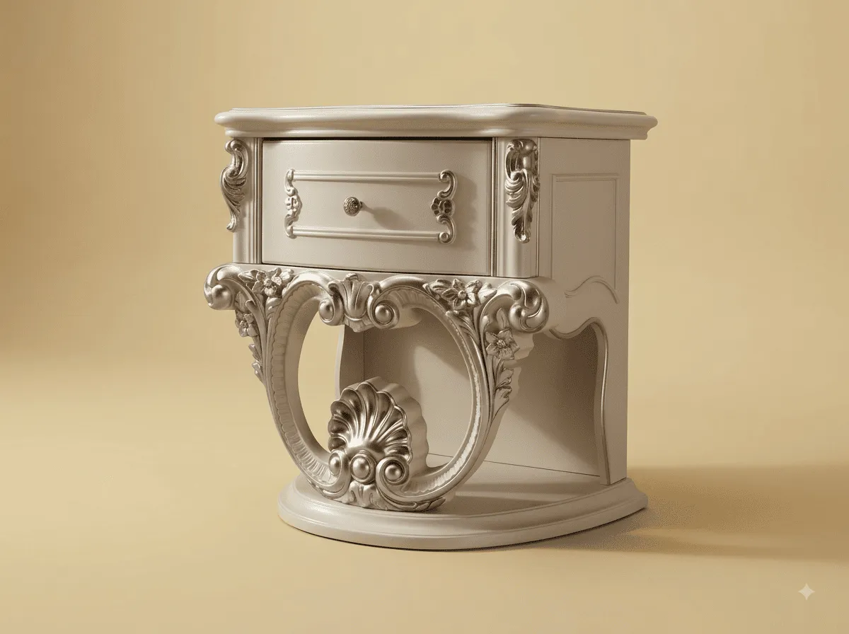 Side Table with Open Shelf in Carved Teak - Pearl with Carved Ring