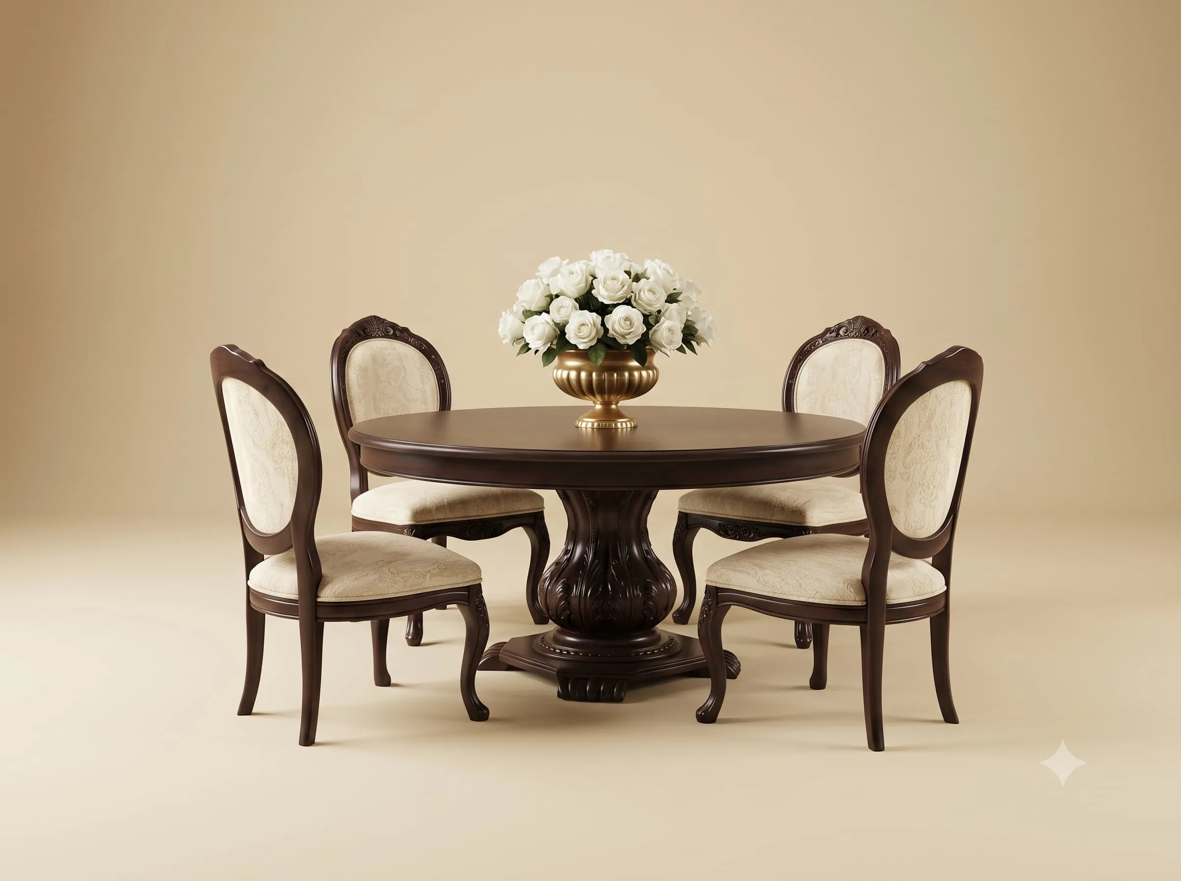 4 Seater Dining Table in Solid Teak with Carved Pedestal Base
