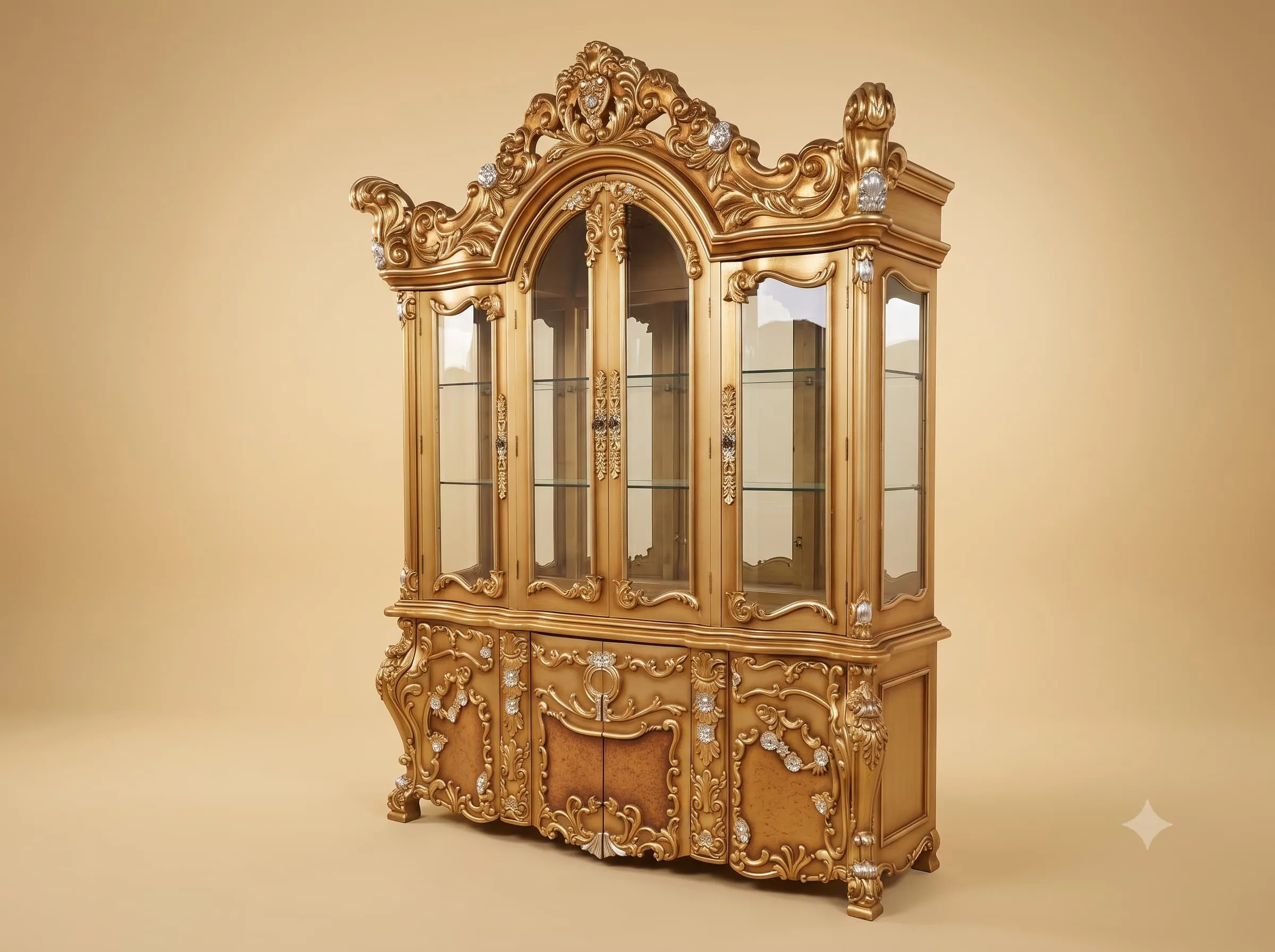 Gold Showcase in Carved Teak with Arched Glazed Centre