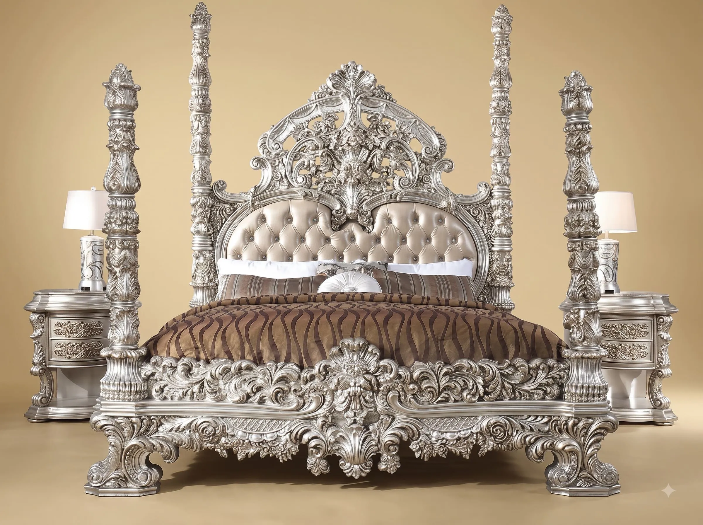 Four Poster Bed in Carved Teak - Silver Finish with Tufted Headboard