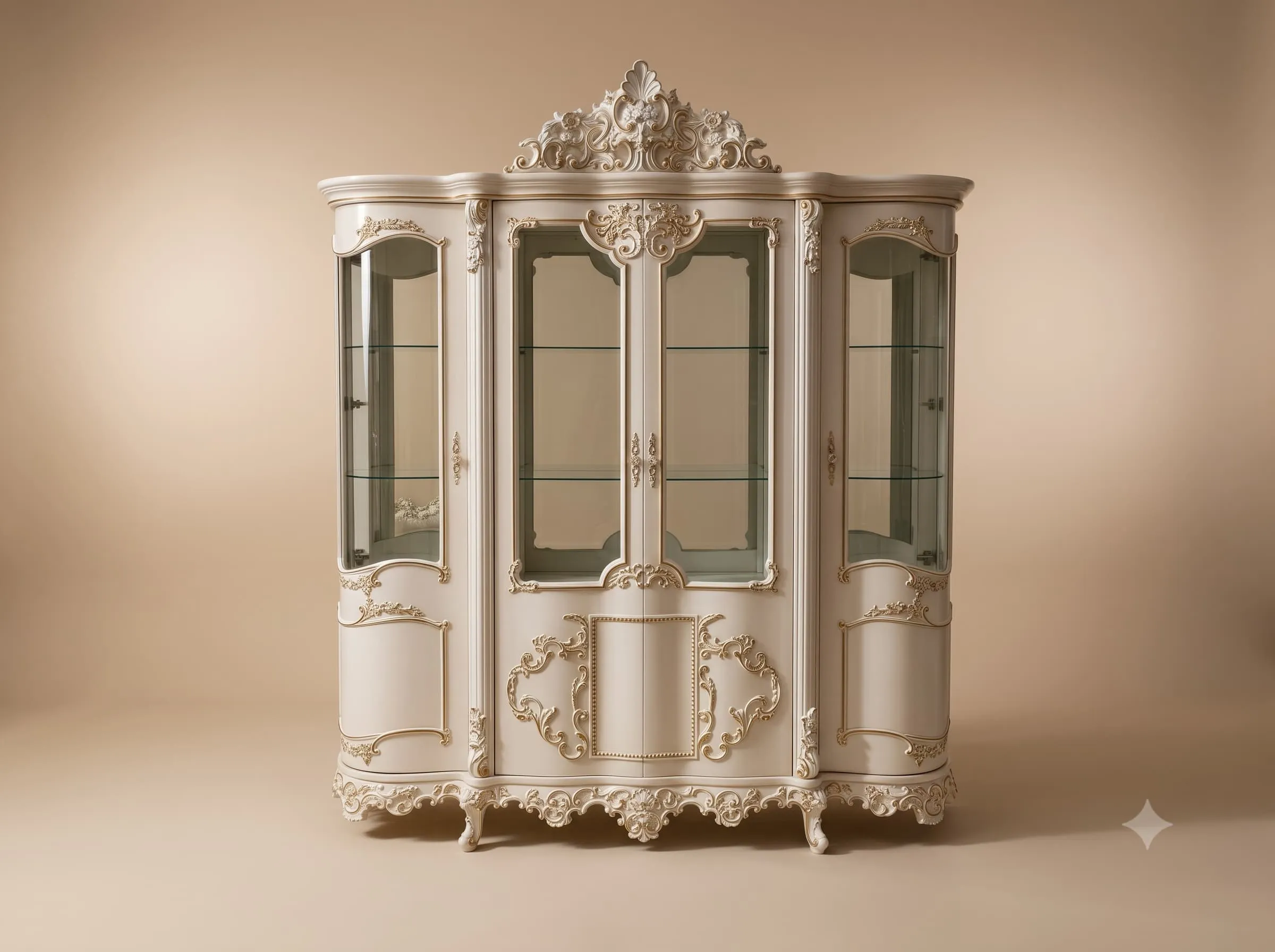 White Showcase in Carved Teak with Curved Glazed Bays
