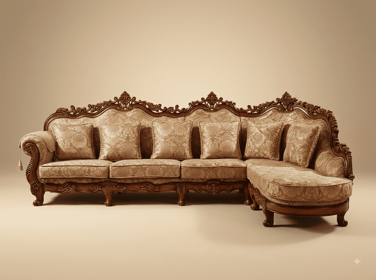 Traditional Sofa Set in Carved Teak - Damask with Natural Wood Frame