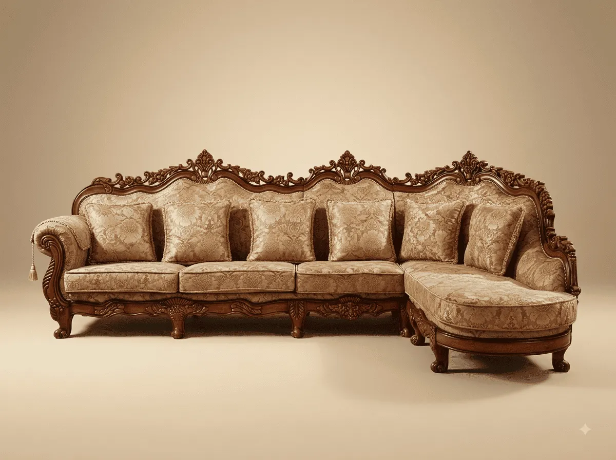 Traditional Sofa Set in Carved Teak - Damask with Natural Wood Frame