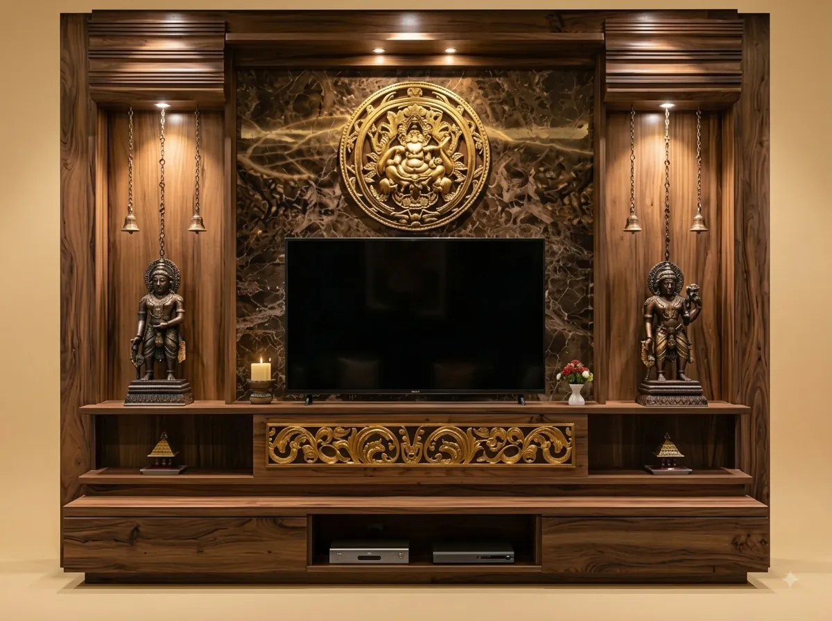 TV Wall Unit in Solid Teak with Carved Panels and Lit Side Niches