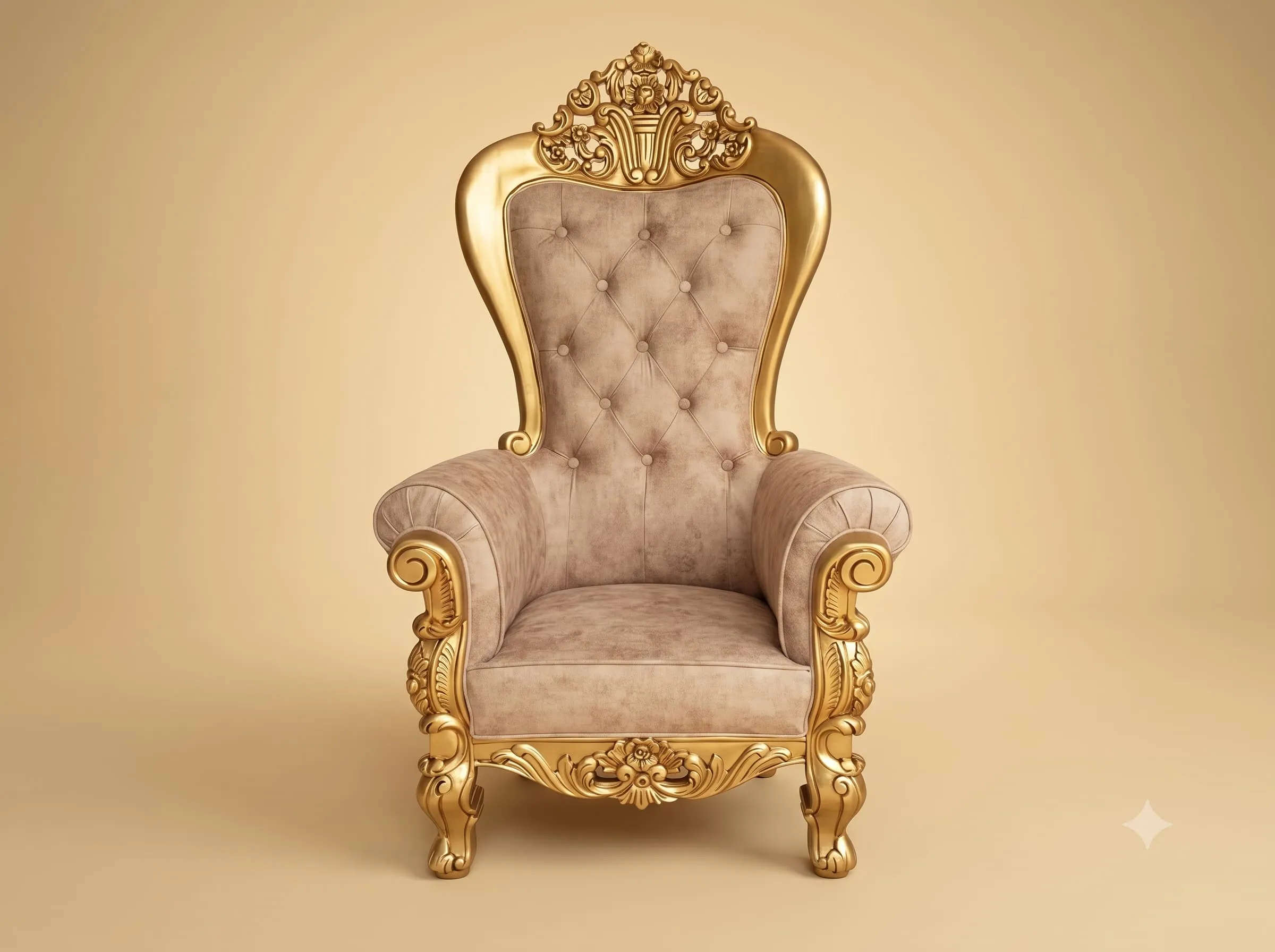 Gold High Back Chair in Carved Teak with a Buttoned Suede Back
